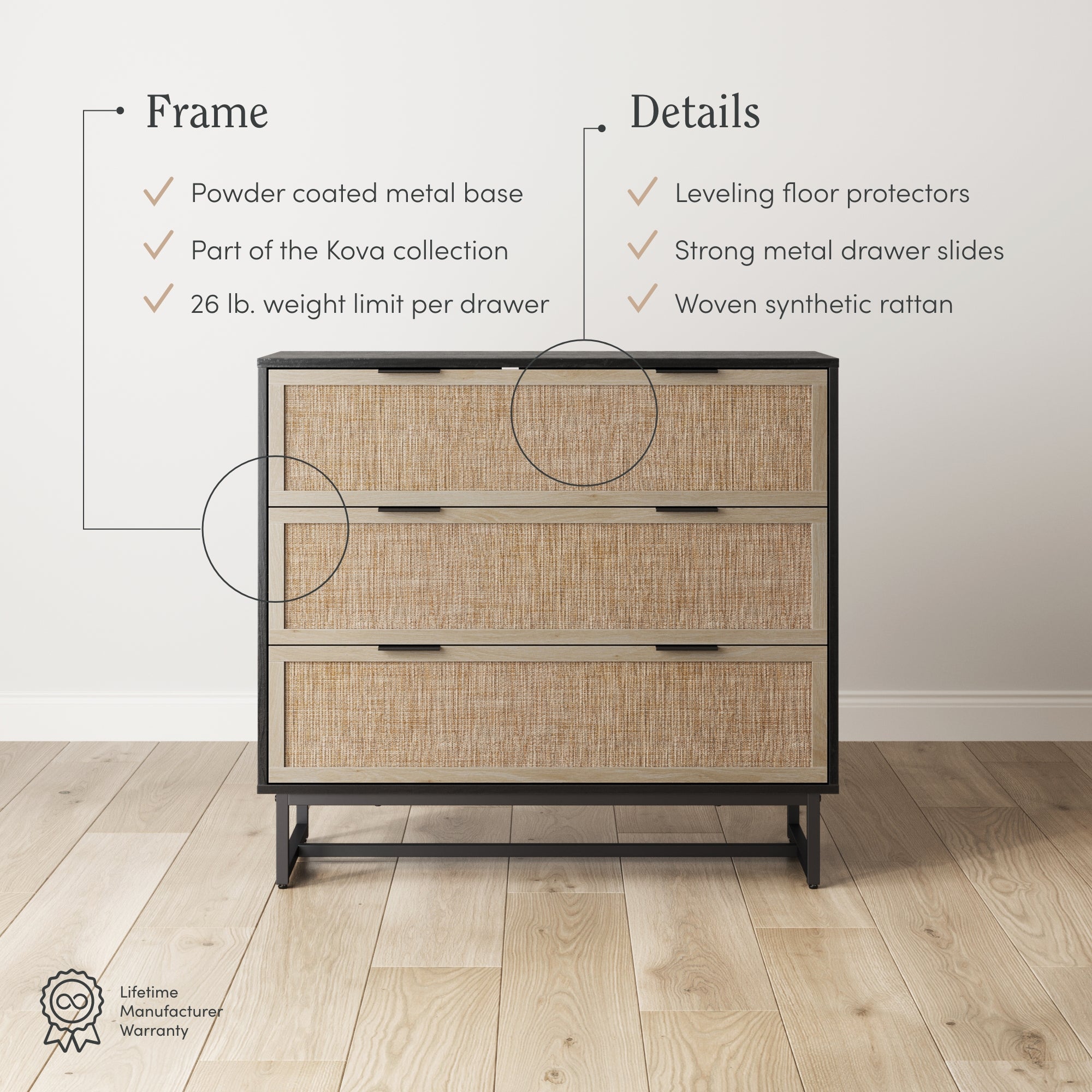 A three-drawer rattan dresser with a powder-coated metal frame stands on a light wood floor. Text highlights features: metal base, Kova collection, 26 lb. drawer limit, floor protectors, metal slides, and woven rattan.