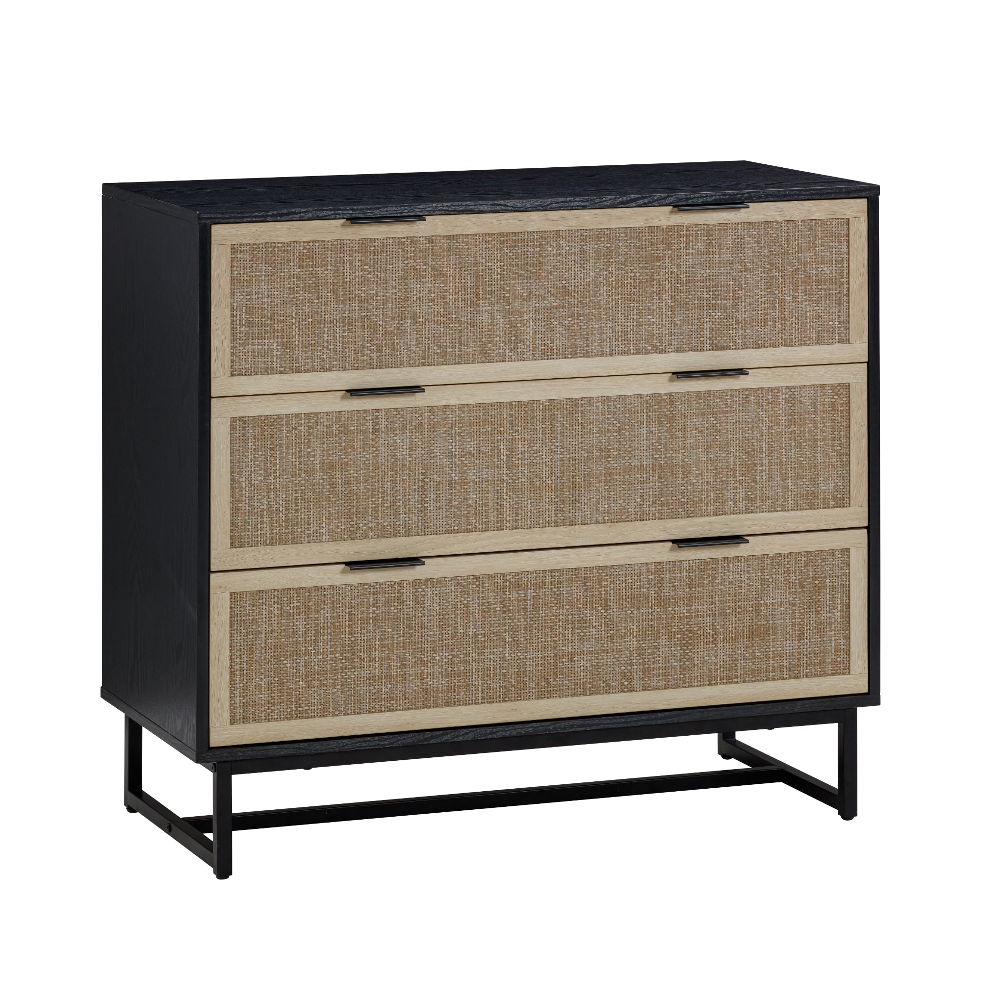A three-drawer dresser with a black frame, light wood trim, and woven rattan drawer fronts, standing on a minimalist black metal base.
