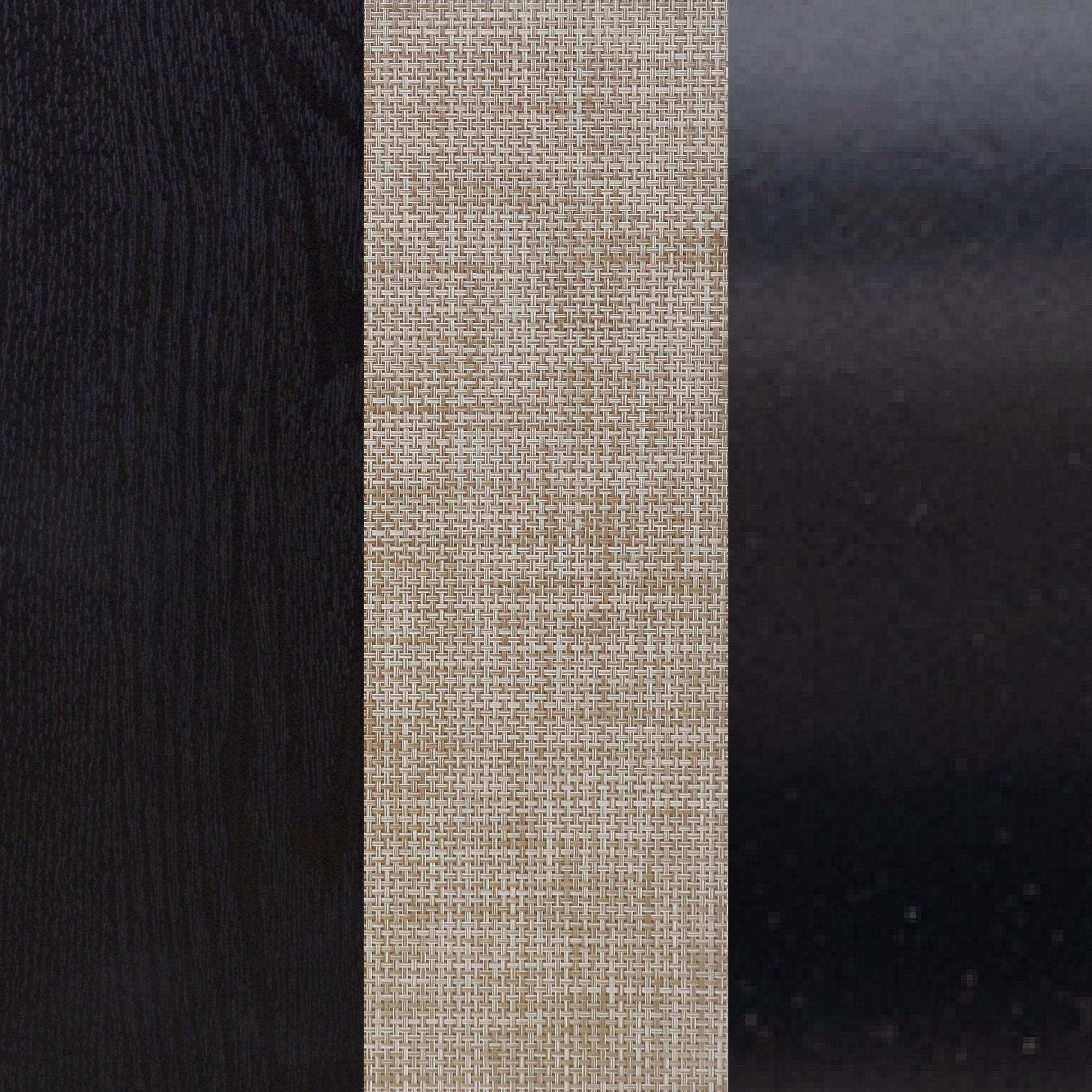 A vertical split image showing three textures: dark wood grain on the left, tan woven fabric in the center, and smooth glossy black surface on the right.