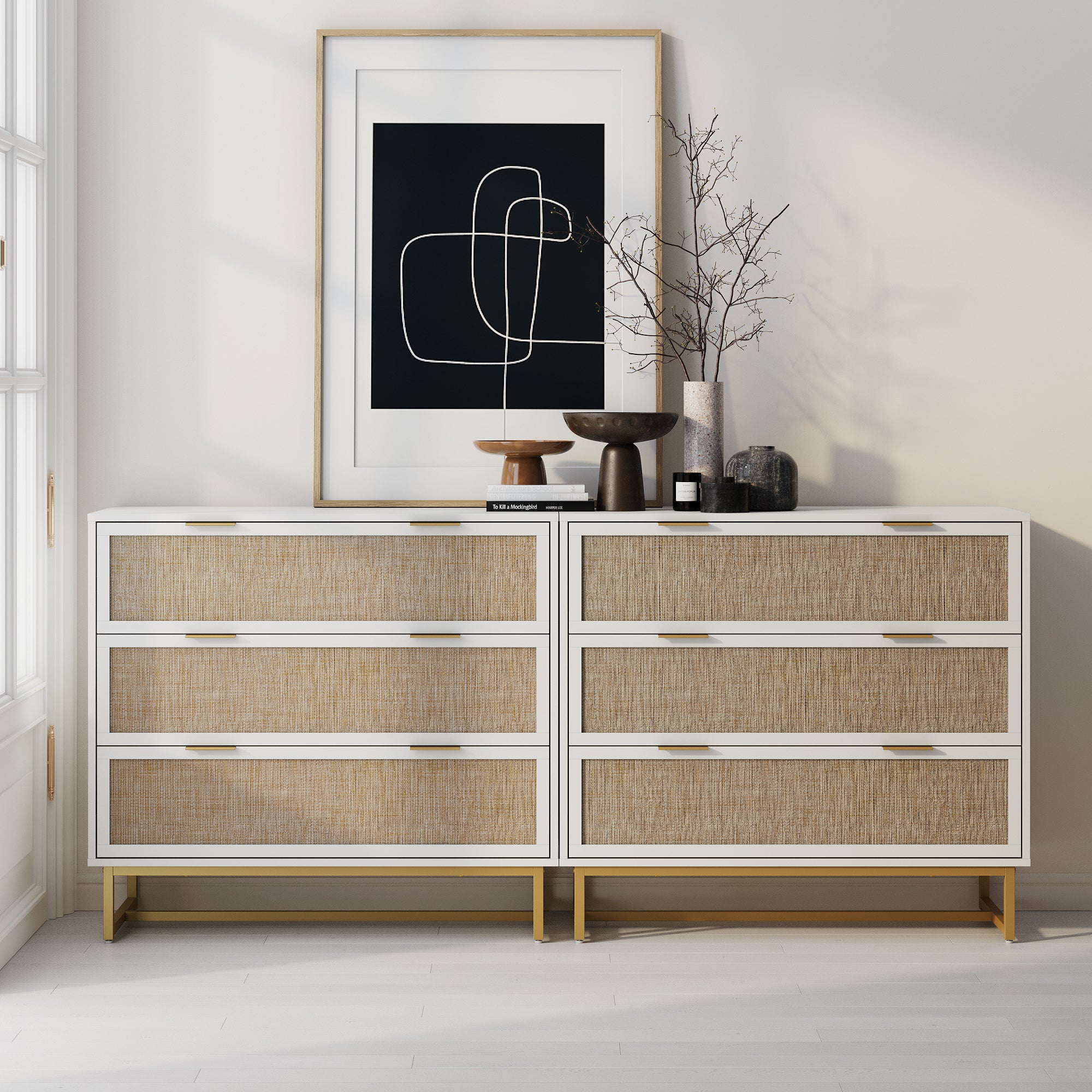 Rattan, Wood & Metal 3-Drawer Dressers White (Set of 2) Rattan, Wood & Metal 3-Drawer Dressers White (Set of 2)
