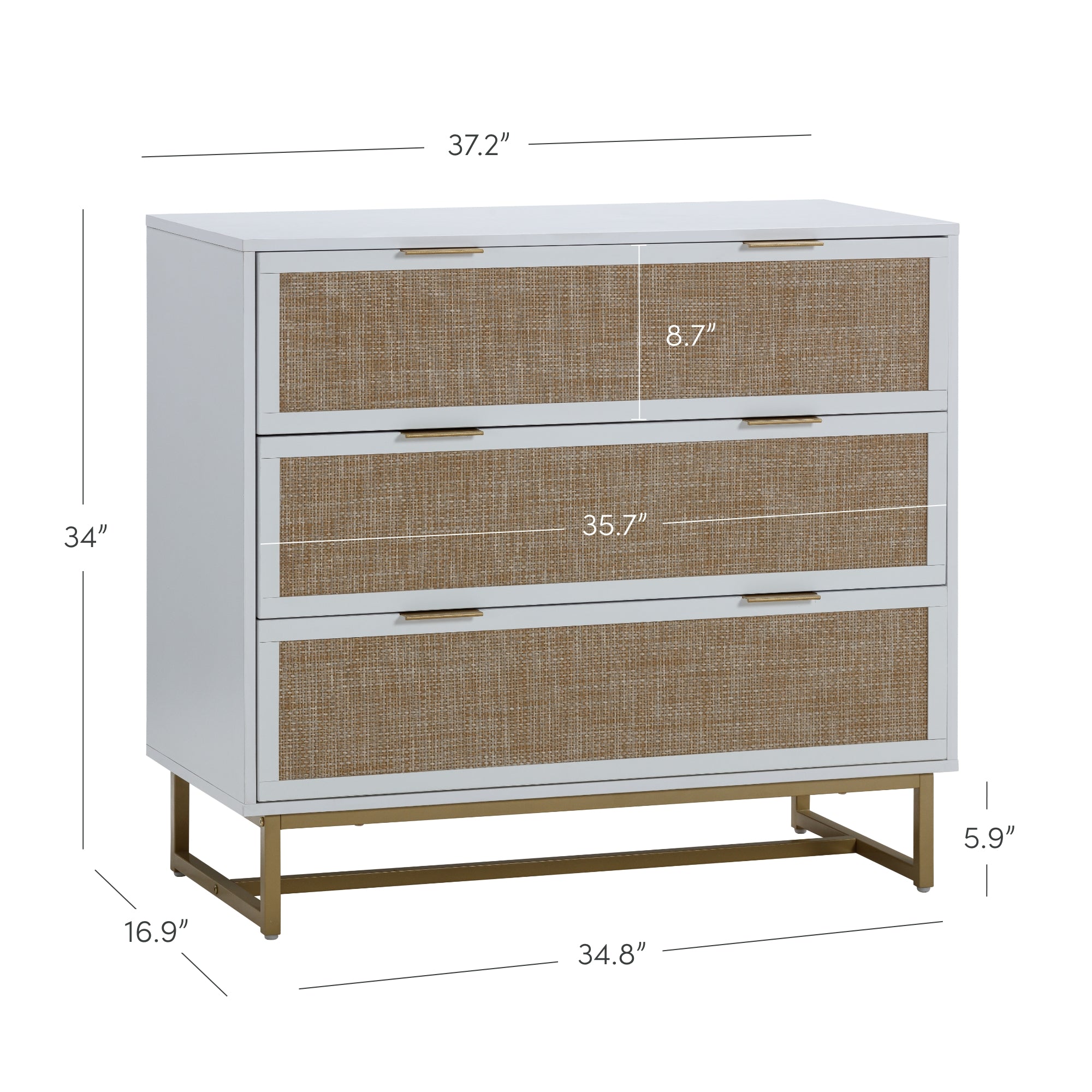 A white three-drawer dresser with woven rattan drawer fronts and gold handles. Dimensions are labeled: 37.2 wide, 34 high, 16.9 deep, with each drawer 35.7 wide and 8.7 tall; bottom clearance is 5.9.
