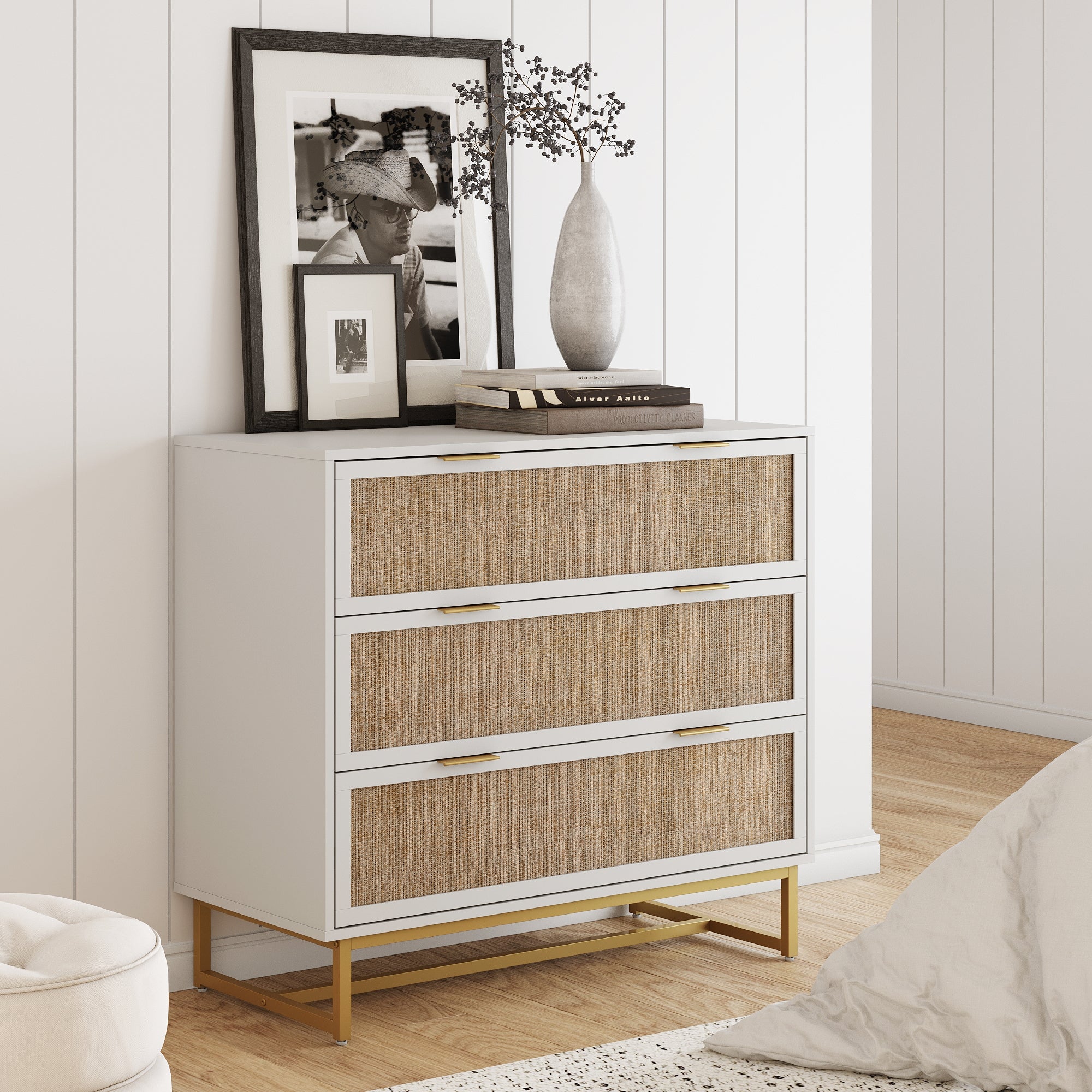 Rattan, Wood & Metal 3-Drawer Dresser White