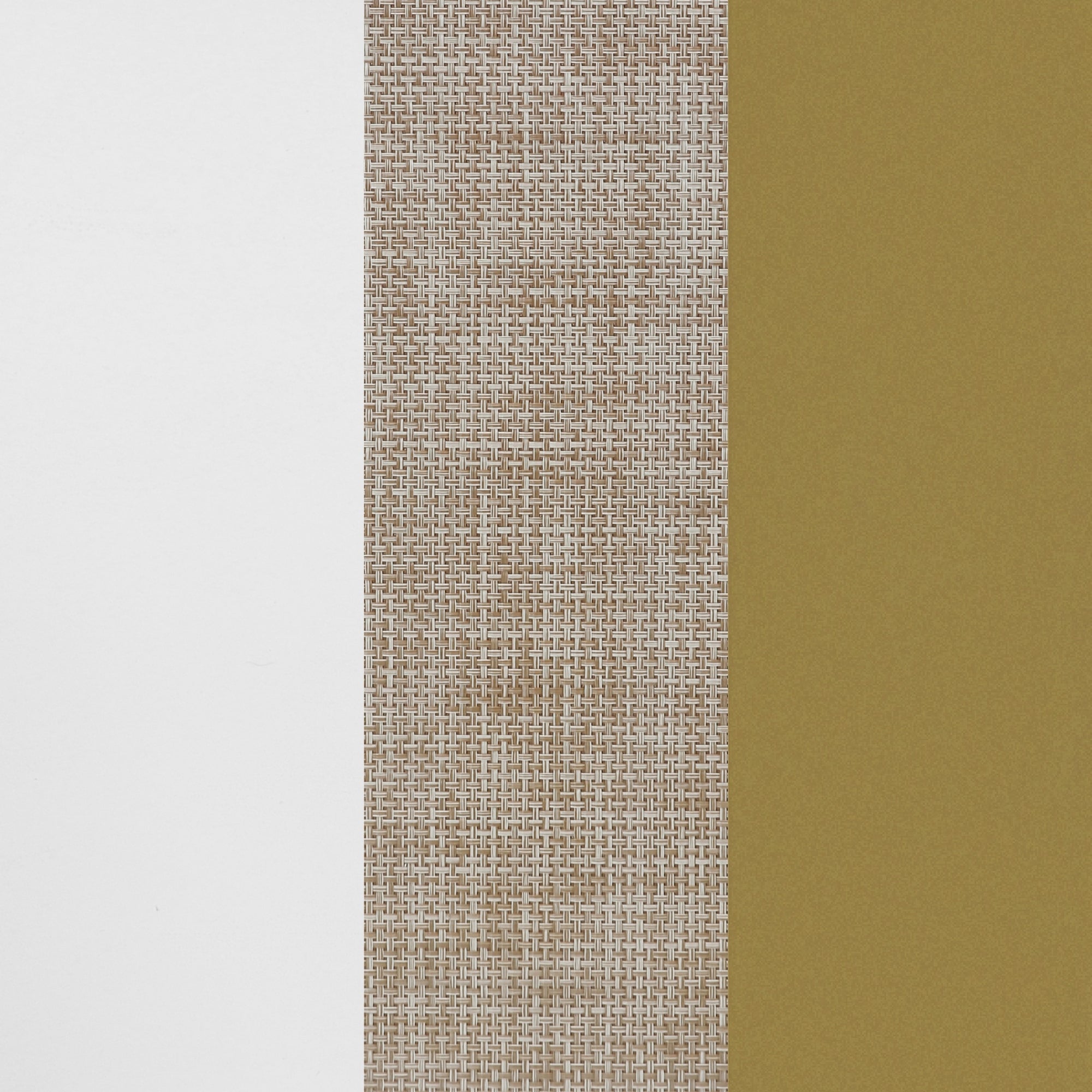 A vertical trio of panels: plain white on the left, beige woven texture in the center, and solid olive-green on the right.