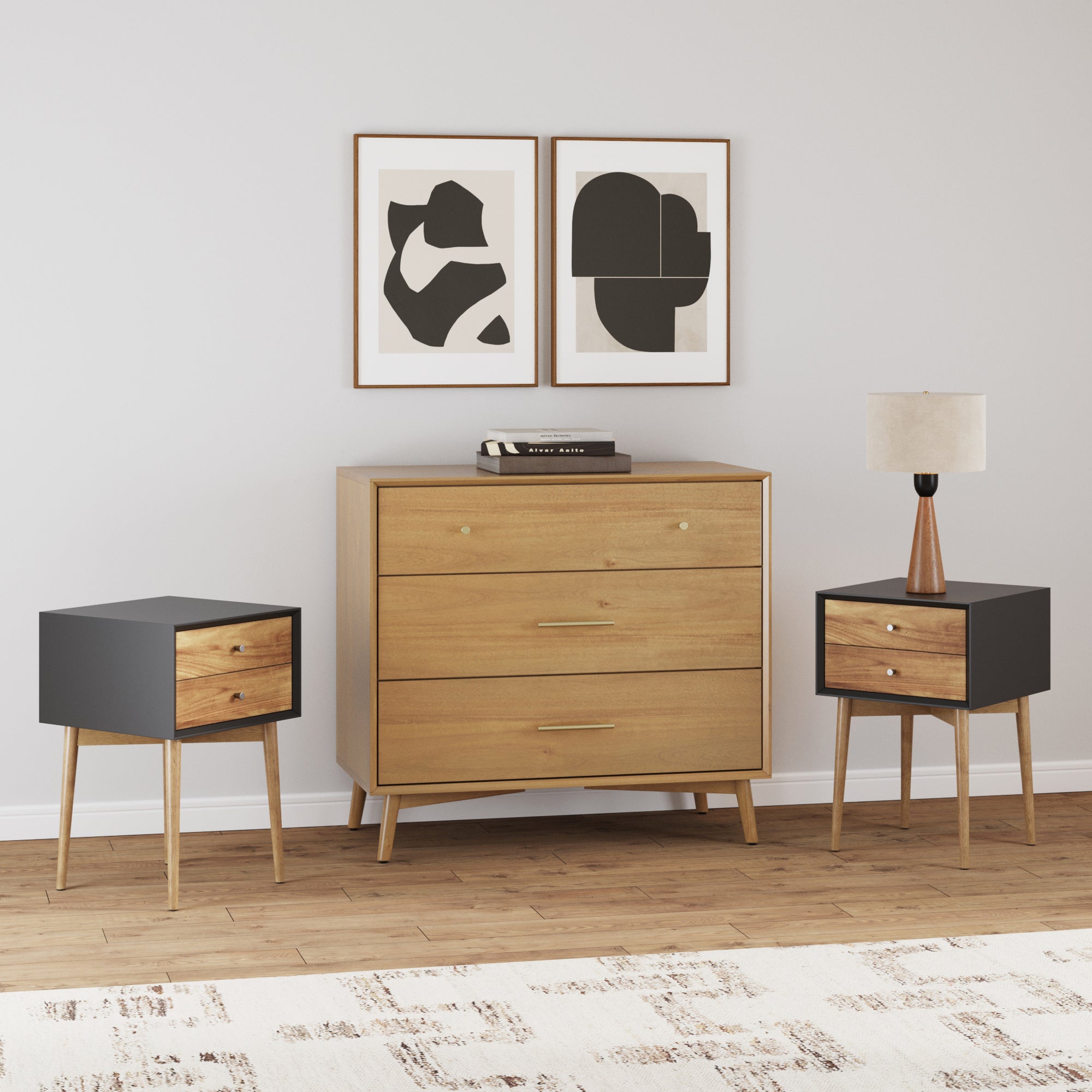 Wooden Dresser and 2 Nightstands Set Light Acacia/Black Wooden Dresser and 2 Nightstands Set Light Acacia/Black