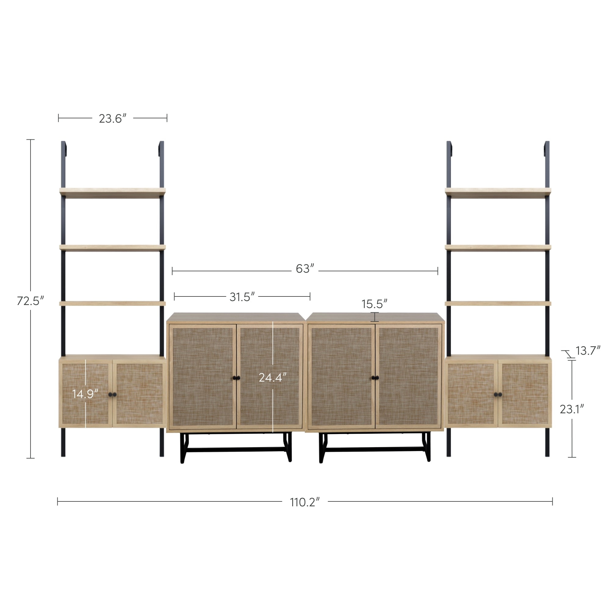 A shelving unit with two tall ladder-style bookcases and two center cabinets; dimensions and shelf heights are labeled, with the full width measuring 110.2 inches and the height 72.5 inches.