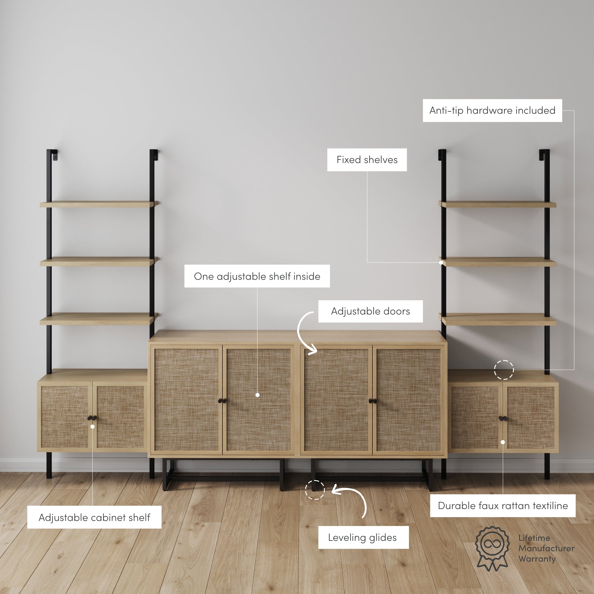 A modern storage unit with light wood cabinets, black metal frame, fixed shelves, rattan-textile doors, labeled features including adjustable shelves, leveling glides, and anti-tip hardware against a plain white wall.