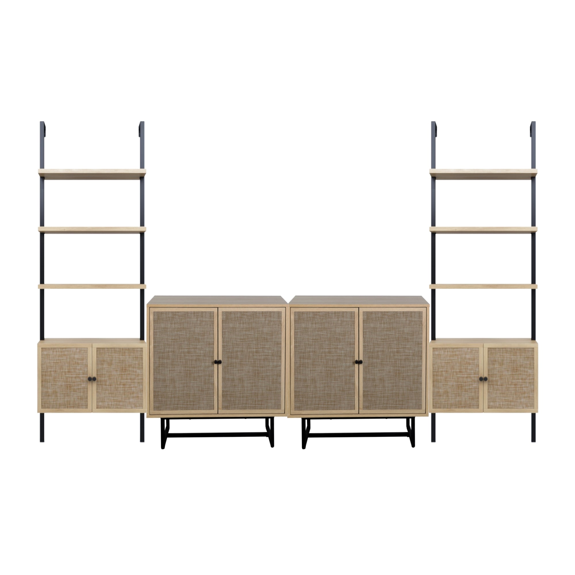 A modern shelving unit with black metal frame, light wood cabinets, and rattan woven doors. It features open shelves on each side and two central cabinets with doors, all against a white background.