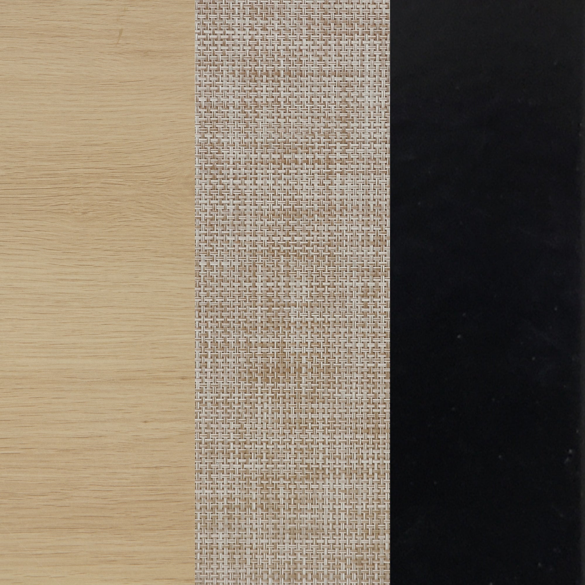 A rectangular surface divided into three vertical sections: light wood on the left, a textured woven beige fabric in the center, and a solid black material on the right.