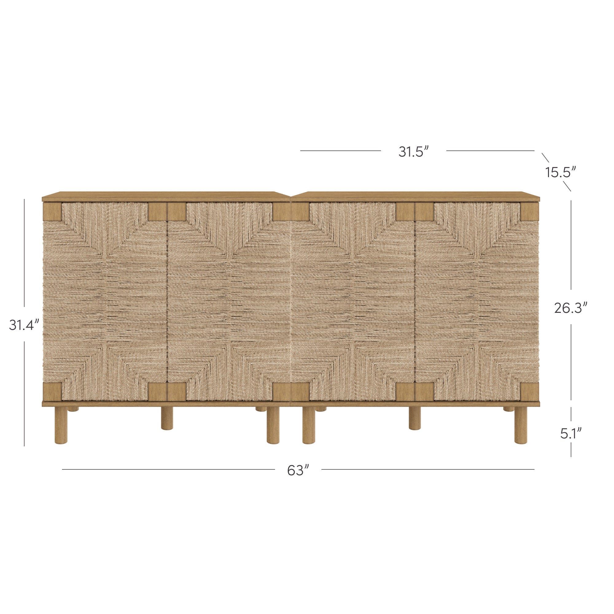 A woven textured sideboard with four doors and wooden legs. The sideboard measures 63 wide, 31.4 tall, 15.5 deep, with legs 5.1 high and door height of 26.3. Dimensions are marked on the image.