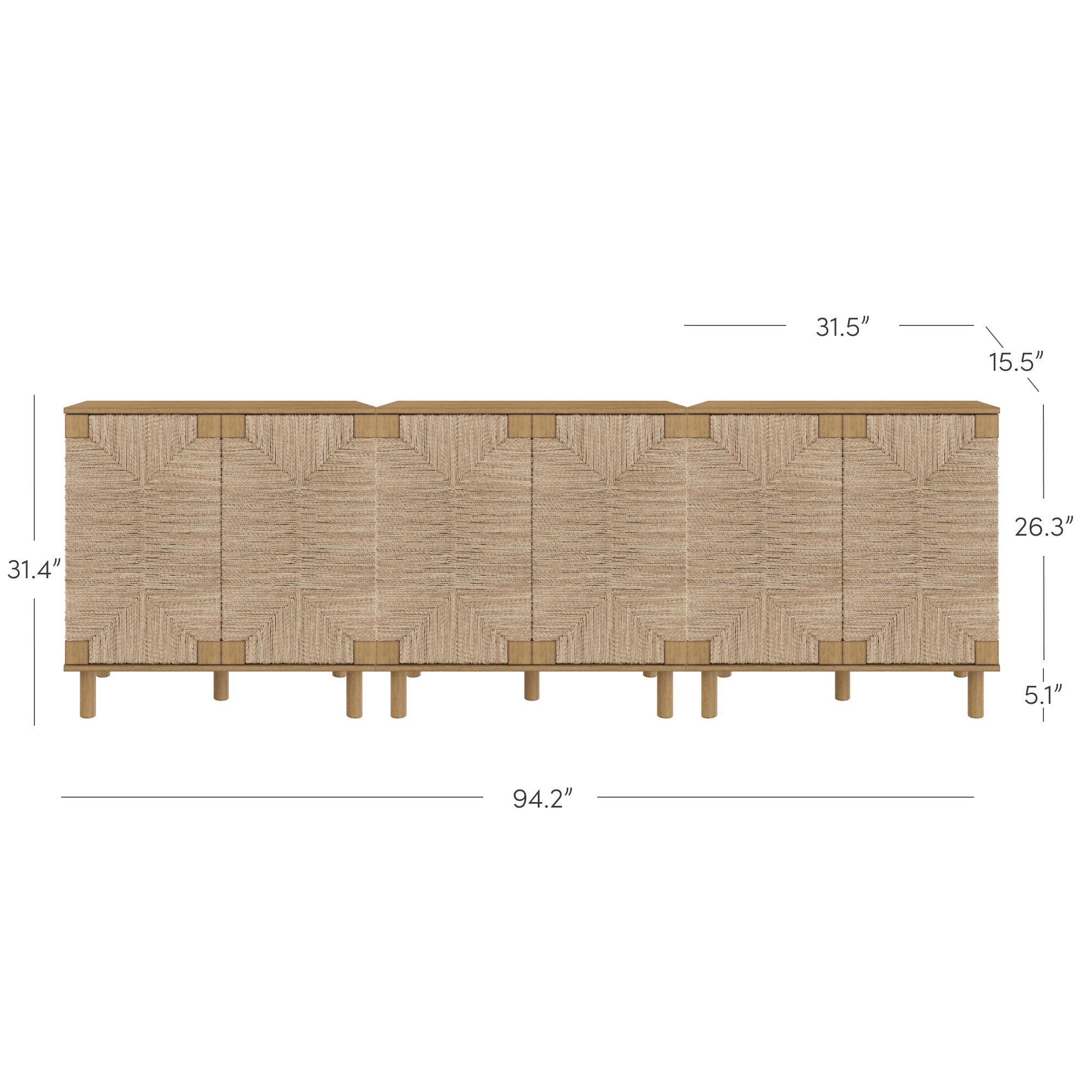 A rectangular wooden sideboard with a woven textured front, six cabinet doors, and wooden legs. Dimensions are labeled: 94.2 wide, 31.4 high, 15.5 deep, 26.3 door height, and 5.1 leg height.