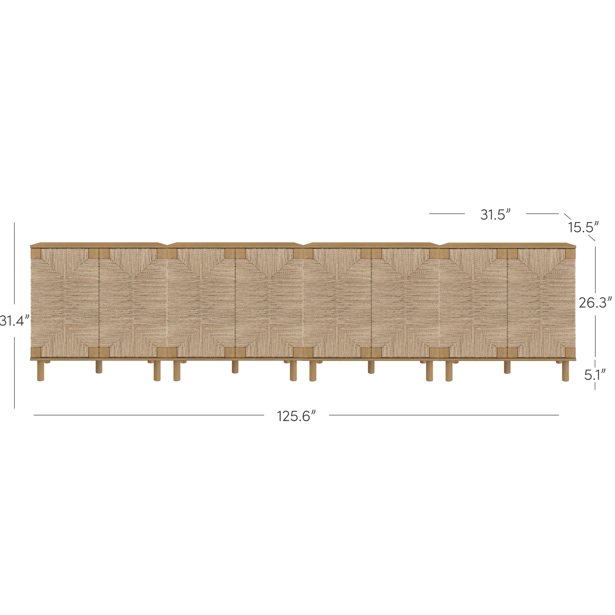 Front view diagram of a long, light wood sideboard with geometric pattern doors. Dimensions are labeled: 125.6 wide, 31.4 high, 26.3 to top edge, 31.5 deep, 15.5 door, and 5.1 leg height.