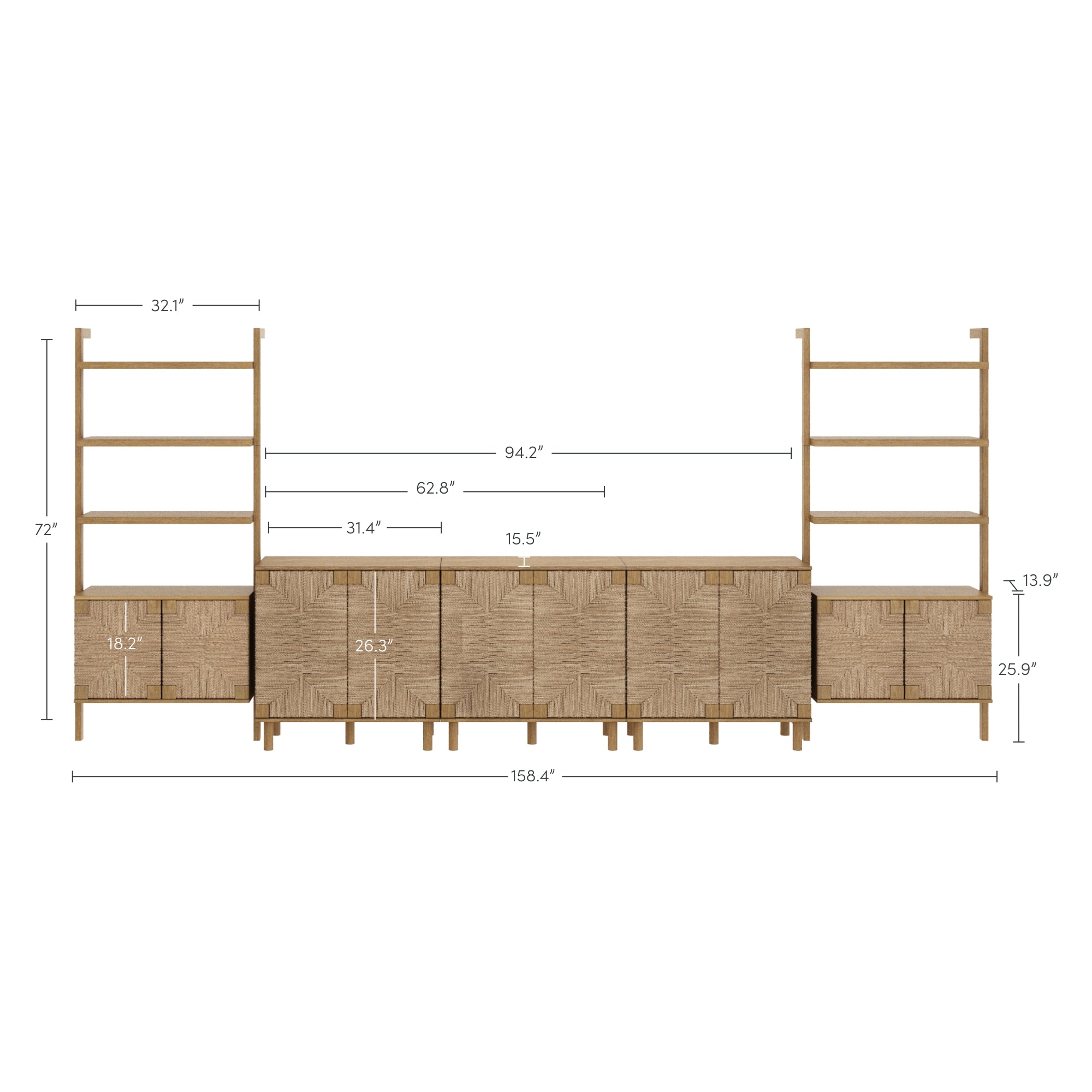 Wooden modular storage system with cabinets and open shelves. Key dimensions are labeled: full width 158.4, height 72, and shelf heights, depths, and widths for each segment are shown.
