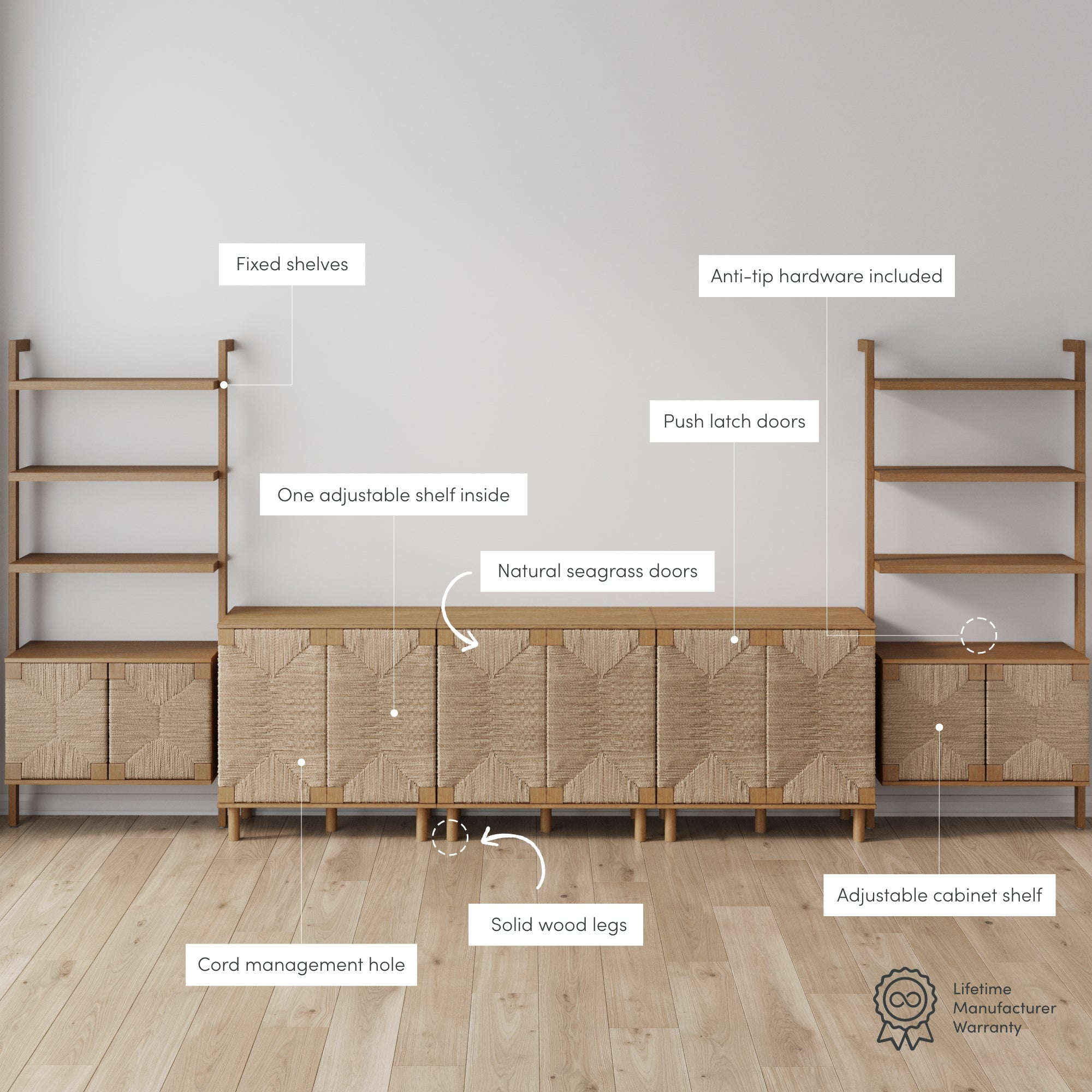 Minimalist wooden storage cabinets and bookshelves with labeled features, including fixed shelves, adjustable shelves, natural seagrass doors, solid wood legs, cord management hole, push latch doors, and anti-tip hardware.