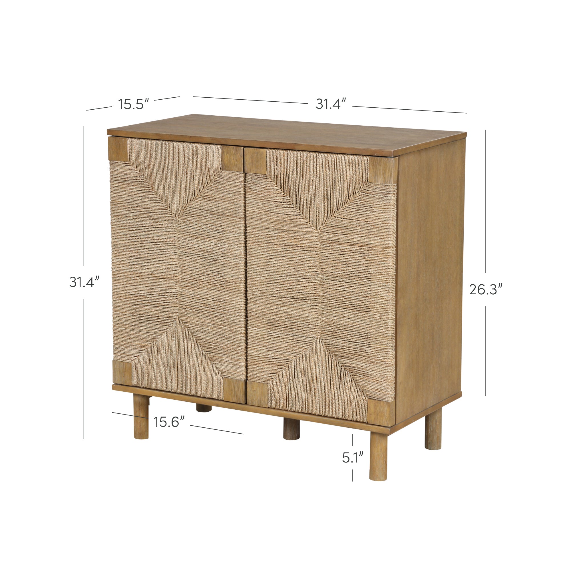 A wooden cabinet with textured, woven front doors, standing on round legs. The cabinet measures 31.4 tall, 31.4 wide, 15.5 deep, with door height 26.3 and ground clearance of 5.1. Measurements are marked on the image.