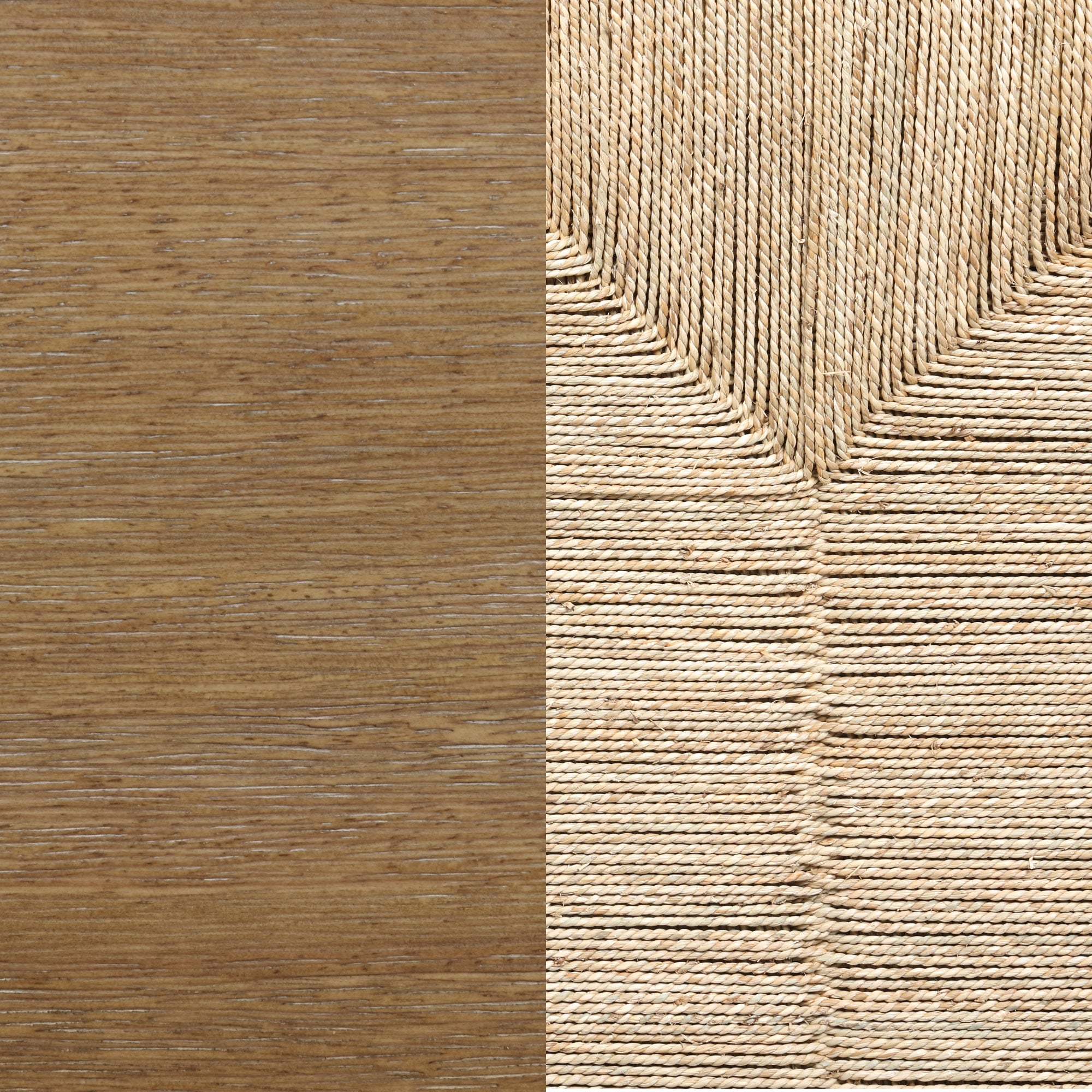 A close-up of a surface divided vertically: the left side is smooth, brown wood, and the right side features tightly woven, light-colored fibers in a geometric, chevron-like pattern.