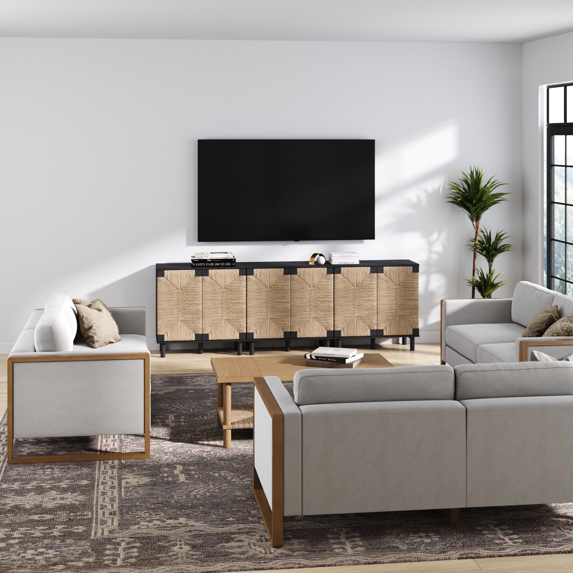 Wood TV Console for TVs 75 - 85" with Seagrass Doors Brushed Black - Nathan James
