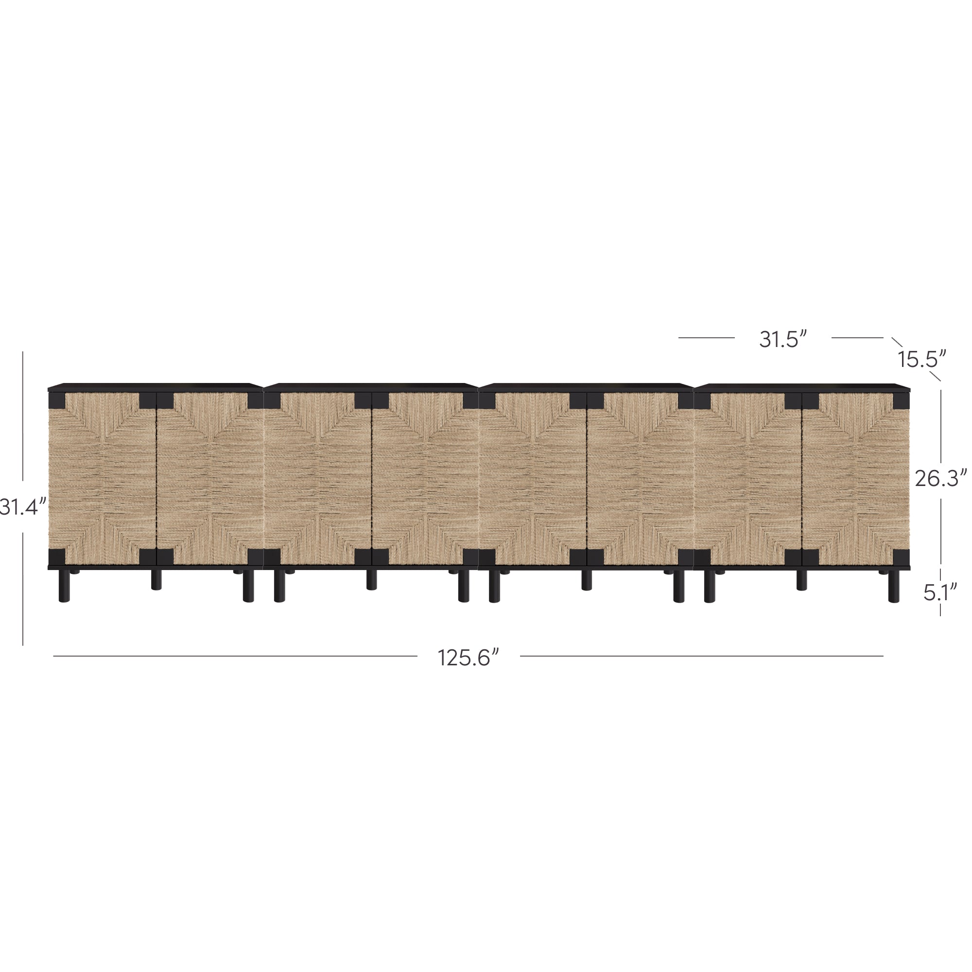 Front view of a long rectangular sideboard with a geometric wood pattern, black accents, and labeled dimensions: 125.6 wide, 31.4 high, 5.1 leg height, 26.3 cabinet height, and 15.5 and 31.5 depth sections.