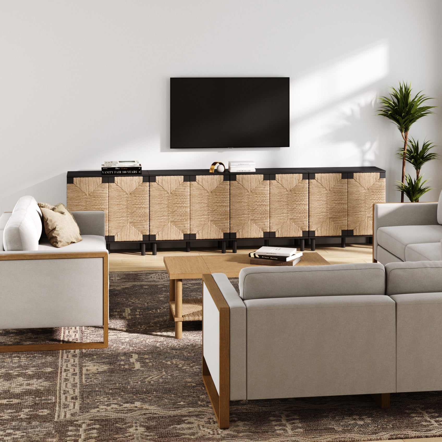 Wood TV Console for TVs 85" with Seagrass Doors Brushed Black - Nathan James