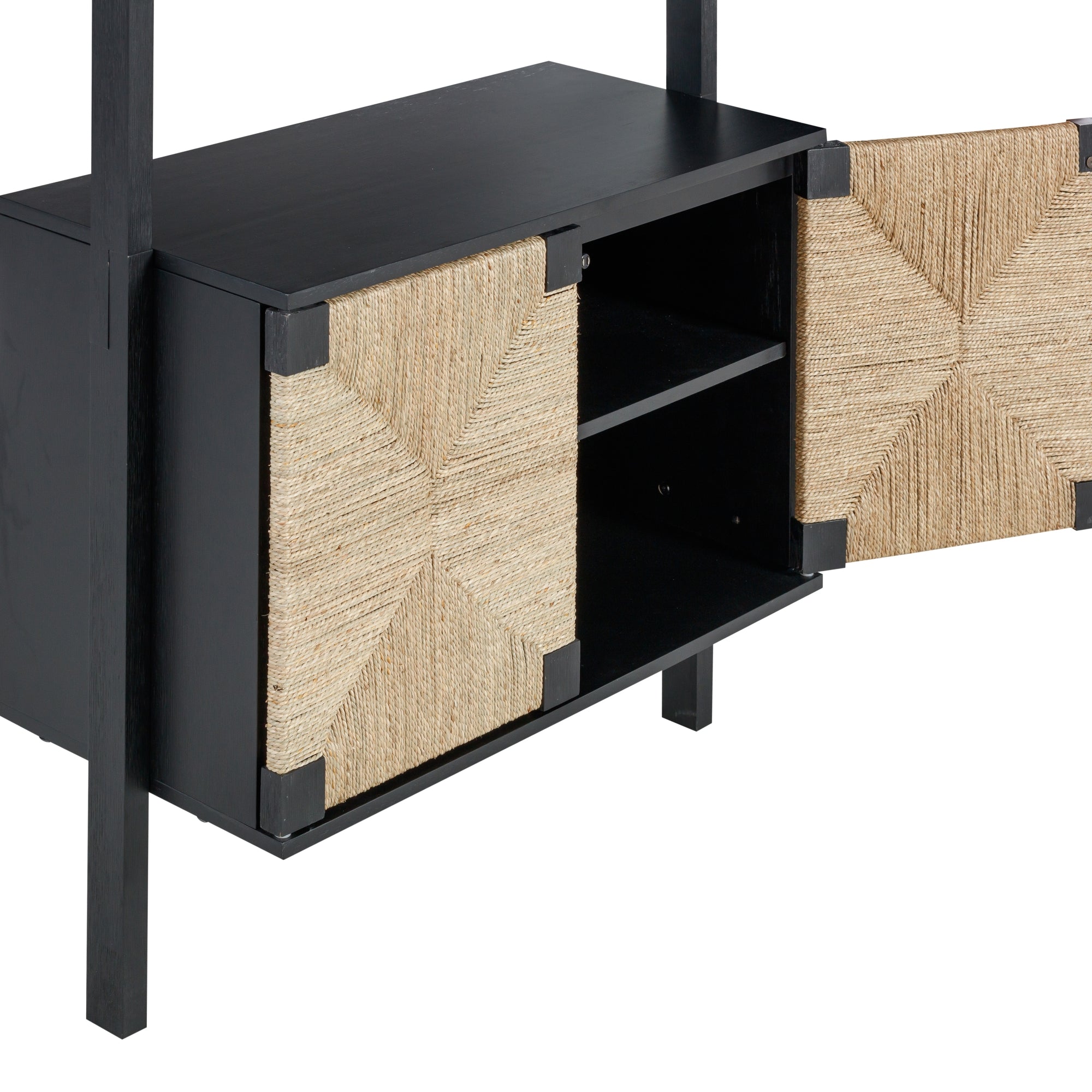 A black wooden cabinet with both doors open, revealing an interior shelf. The door fronts have a woven, natural-colored design with black corner accents.
