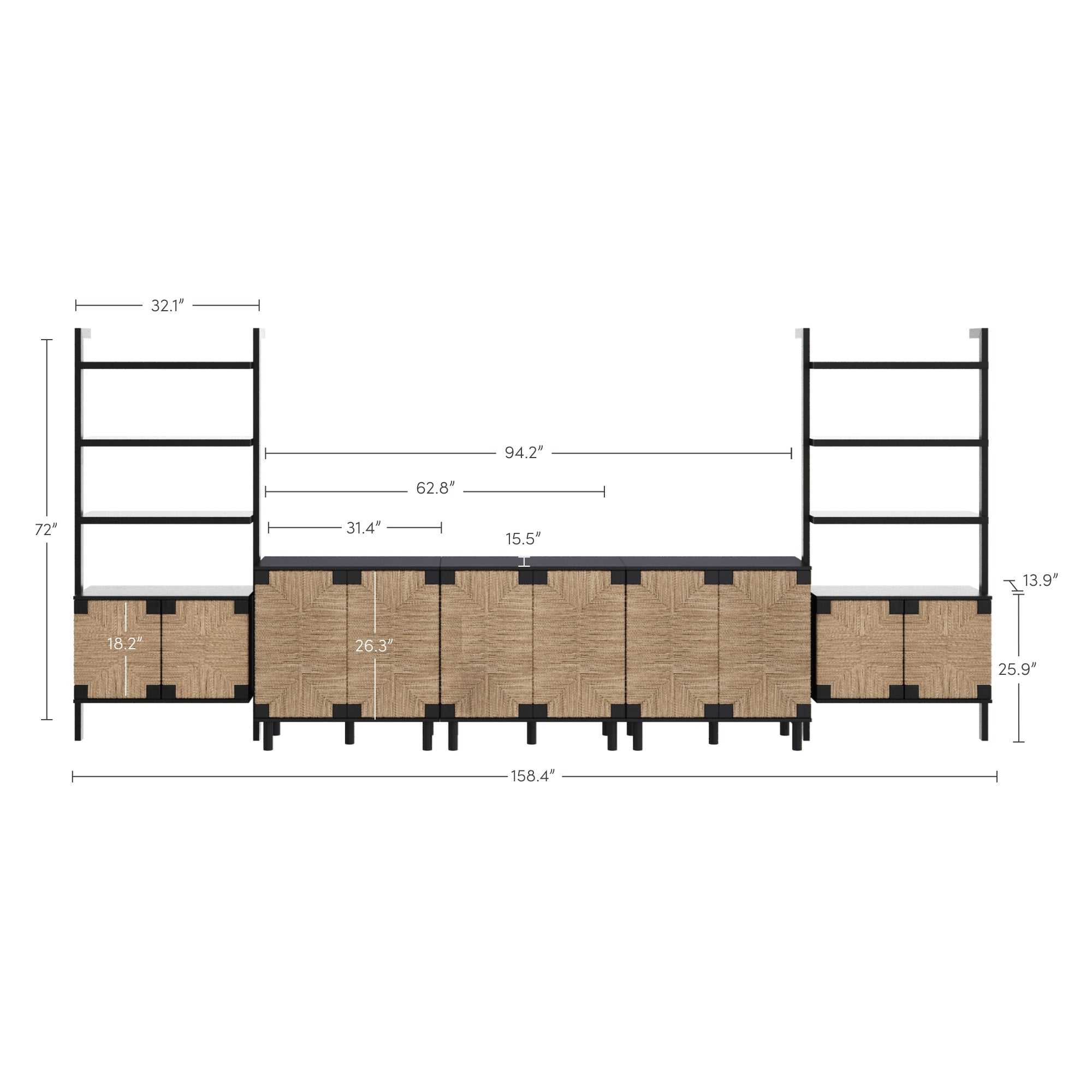 Front view of a shelving and storage unit with ladder-like shelves on both sides, cabinets below, and detailed measurements: total width 158.4, height 72, various shelf and cabinet dimensions labeled.