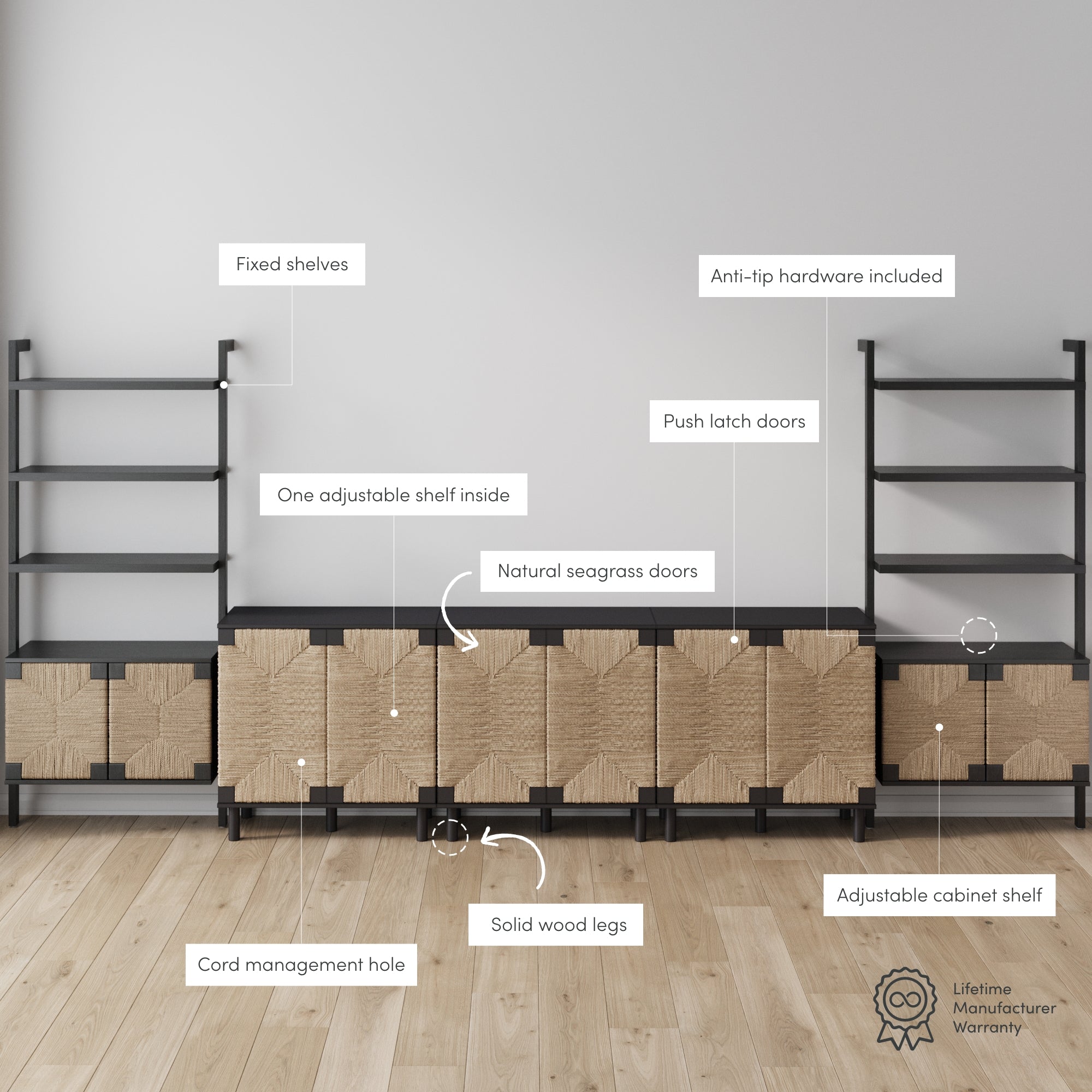 Modern modular shelving unit with black frame, natural seagrass doors, solid wood legs, and adjustable and fixed shelves. Features include push latch doors, cord management hole, anti-tip hardware, and cabinet shelf adjustability.