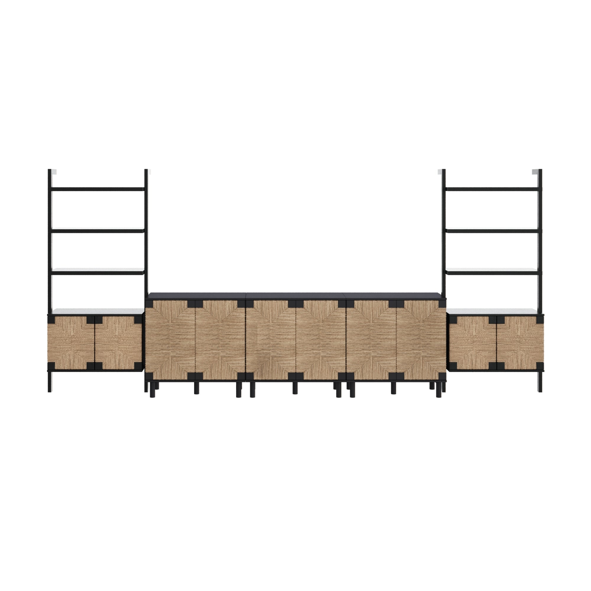 Modern shelving unit with black metal frame, two open ladders on each side, and woven wood cabinets and drawers along the bottom center and each end. Clean, minimalist design against a white background.