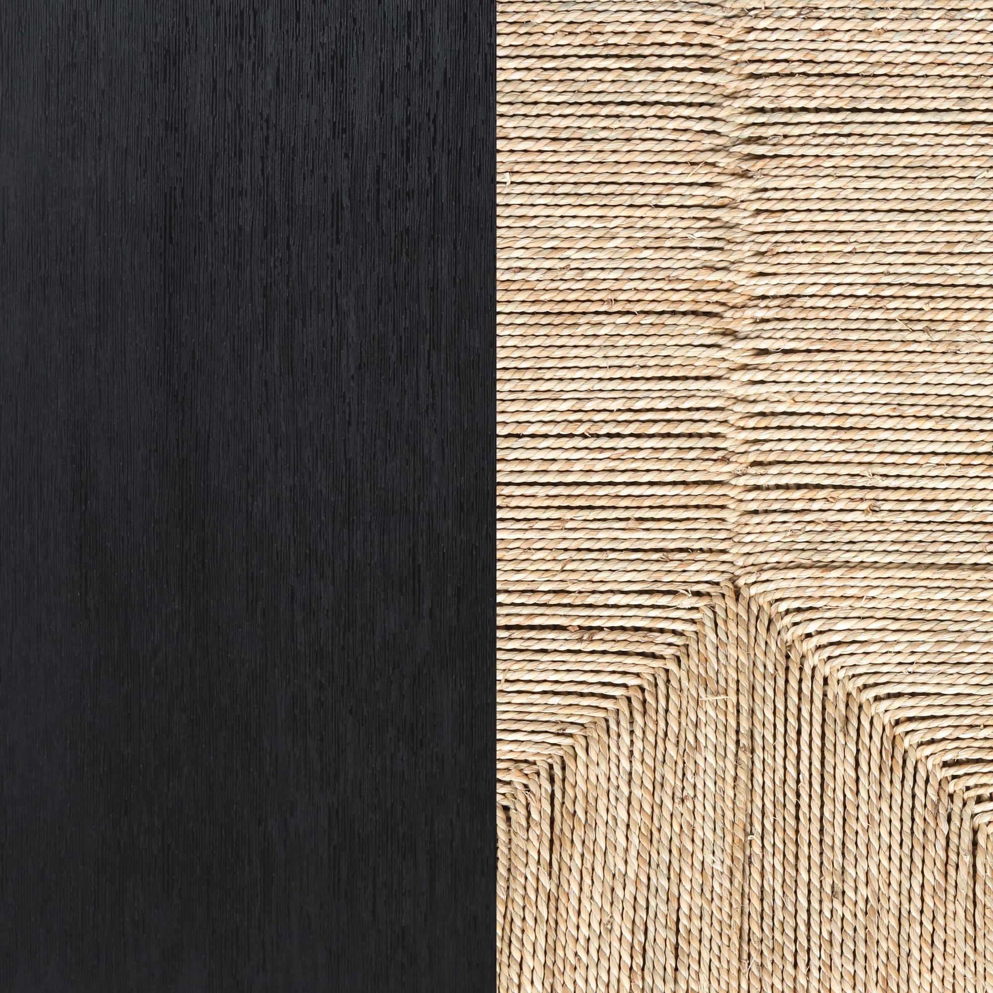 A close-up of two contrasting surfaces: the left side shows smooth, dark wood grain, while the right side displays tightly woven, light-colored natural fibers in a geometric pattern.