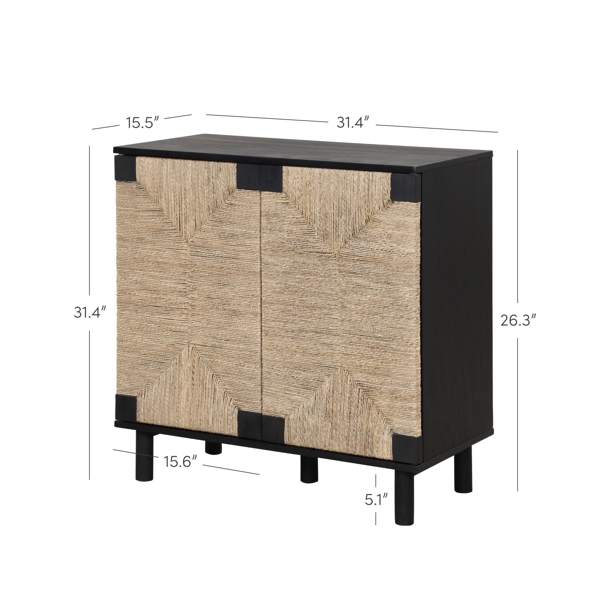 A modern black cabinet with two textured front doors featuring woven tan panels and black corner accents. The cabinet measures 31.4 high, 31.4 wide, 15.5 deep, and stands on legs 5.1 tall.