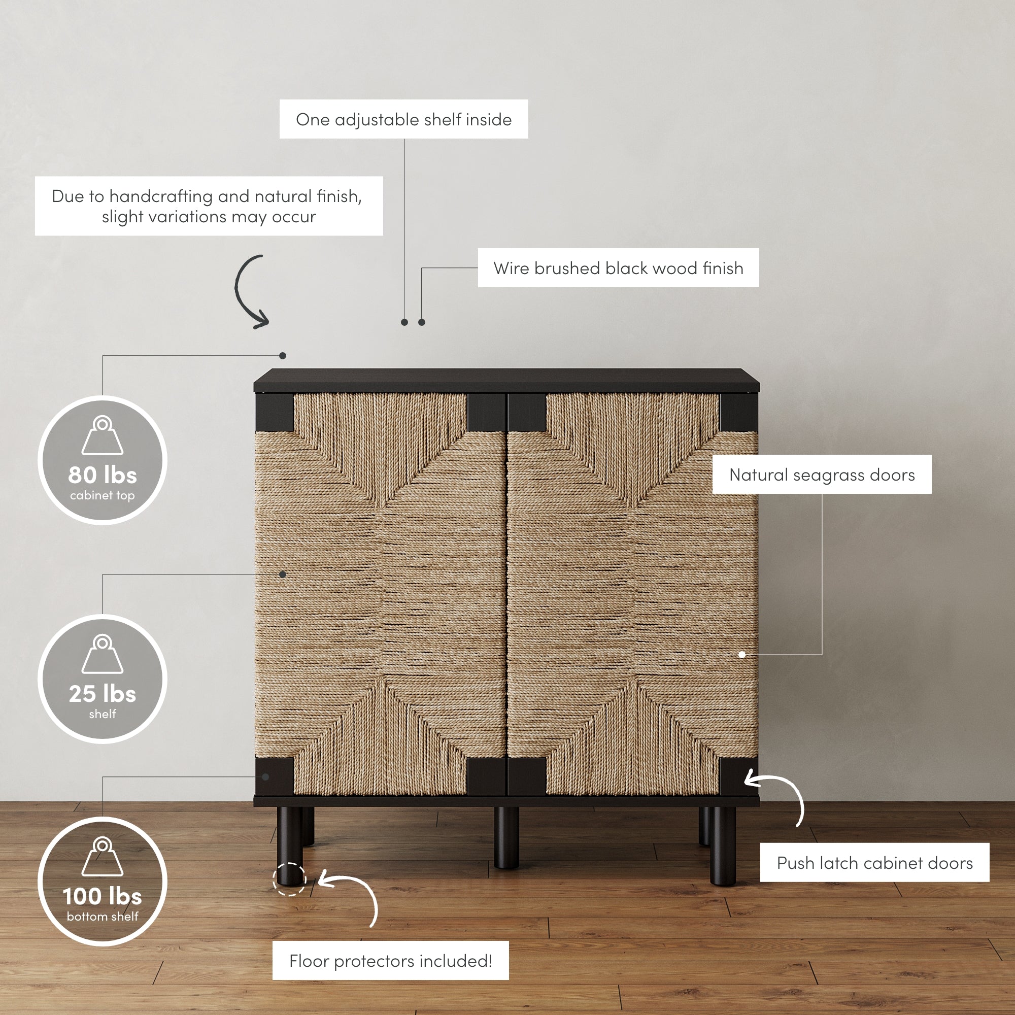 A black cabinet with natural seagrass doors stands on wooden flooring. Text and icons highlight features: adjustable shelf, wire brushed finish, natural variations, push latch doors, floor protectors, and weight capacities.