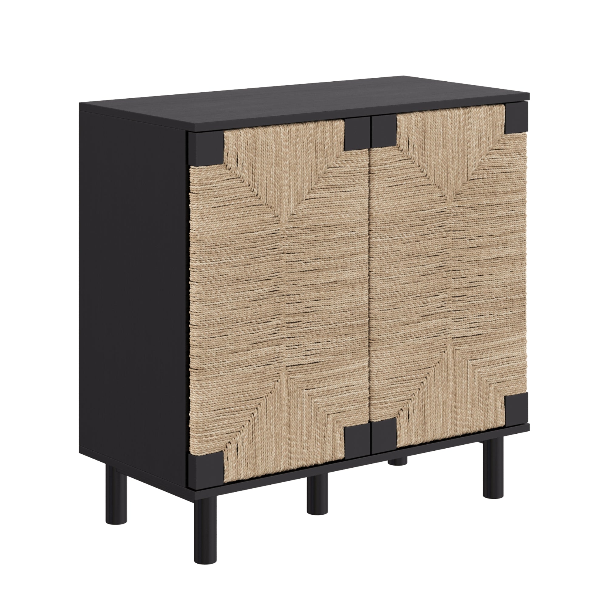 A black wooden cabinet with four legs and two front doors featuring a woven natural rattan pattern in a geometric design.