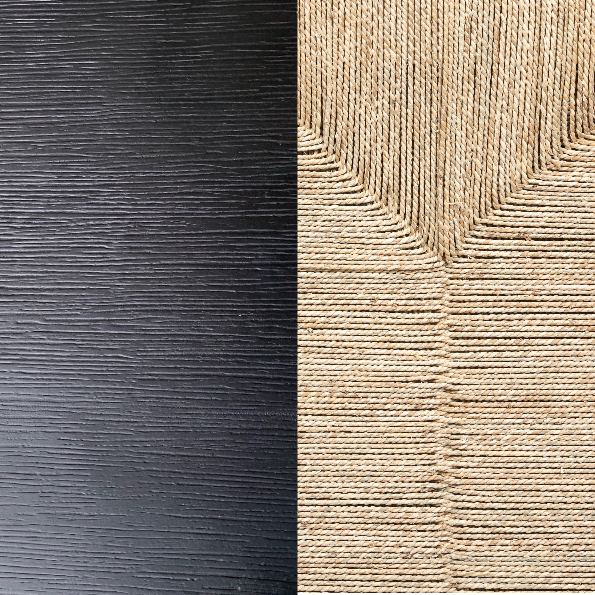 Close-up of two contrasting textures: smooth, horizontal black lines on the left and tightly woven, beige natural fibers forming a symmetrical pattern on the right.
