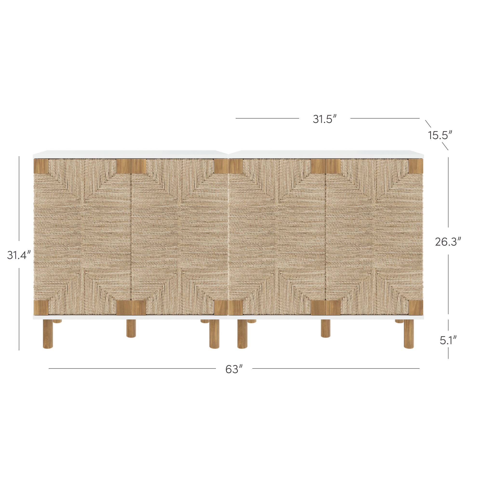 A rectangular, woven-finish sideboard with four doors, wooden legs, and precise dimensions: 63 wide, 15.5 deep, 31.4 tall, leg height 5.1, and door height 26.3. Measurements are shown with arrows.