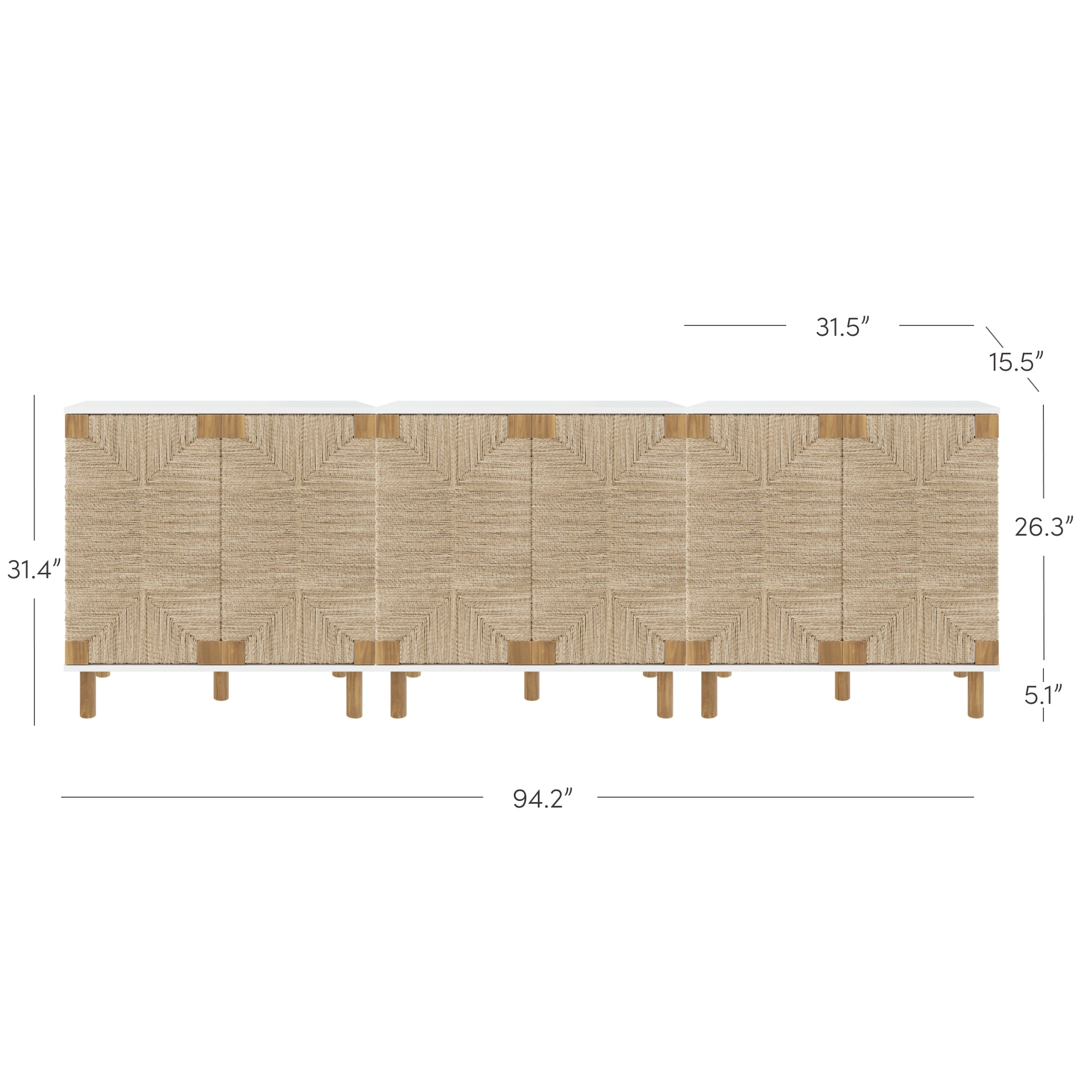 A four-door sideboard with a woven textured front, wood legs, and precise measurements: 94.2 wide, 31.4 tall, 15.5 deep, 26.3 front height, and 5.1 leg height.
