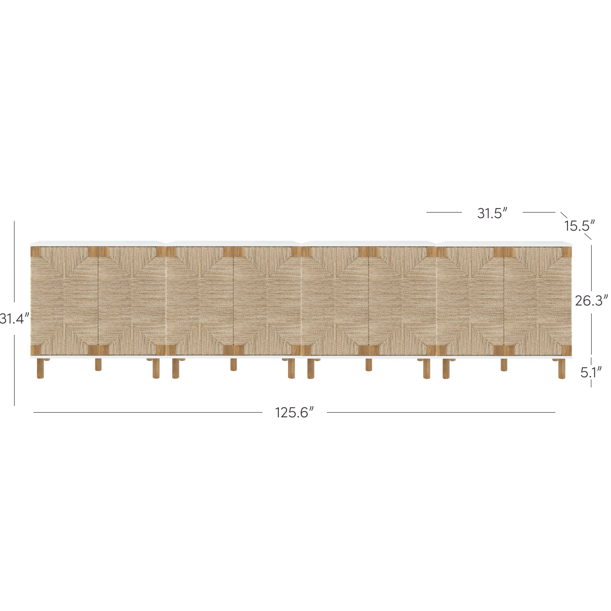 Front view of a long, light wood sideboard with geometric patterns and short legs. The image includes dimensions: 125.6 wide, 31.4 high, 26.3 deep, with sections 31.5 wide and a base height of 5.1.