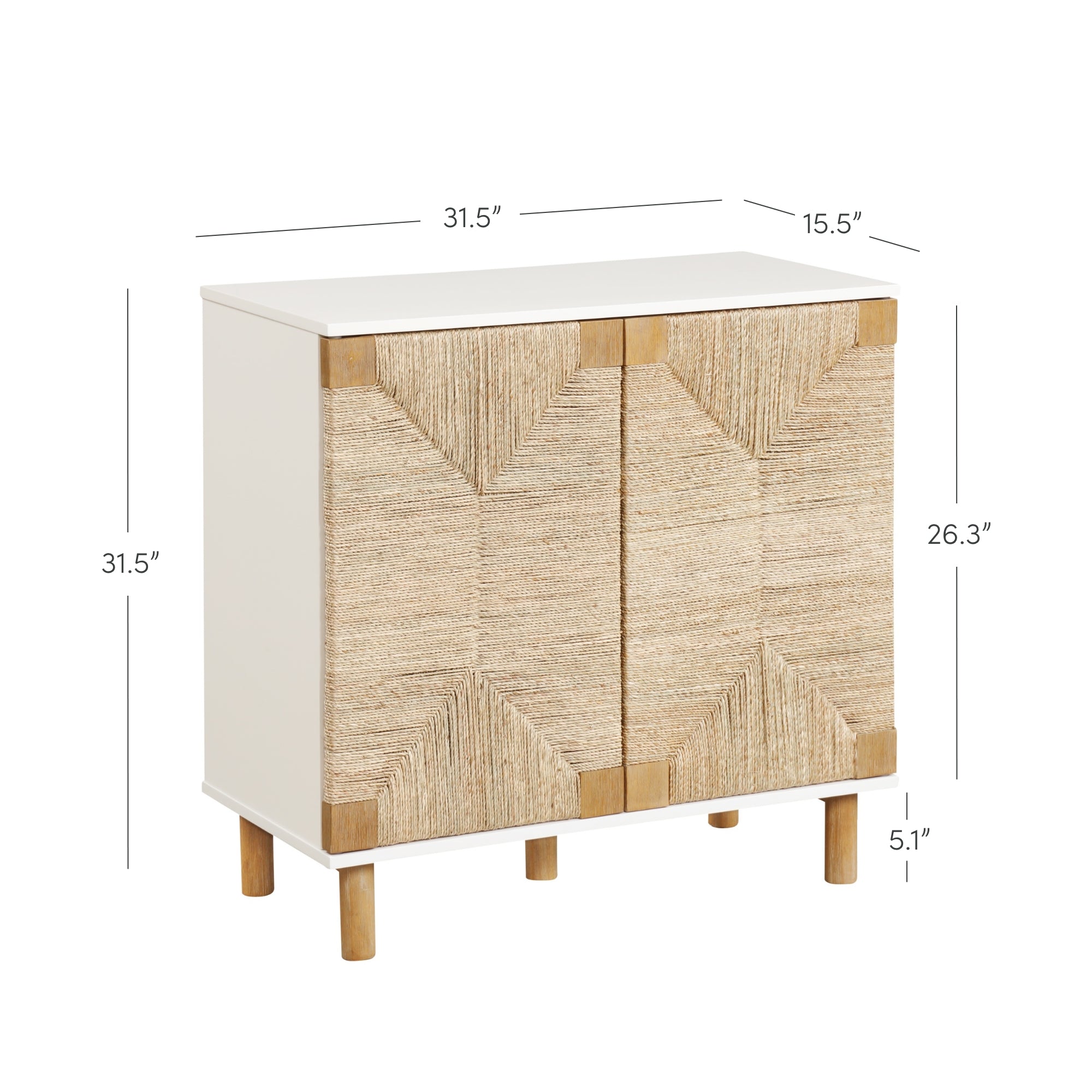 A white cabinet with woven textured doors, wooden legs, and gold corner accents. Dimensions: 31.5 wide, 15.5 deep, 31.5 high, with a 26.3 door height and 5.1 leg height.