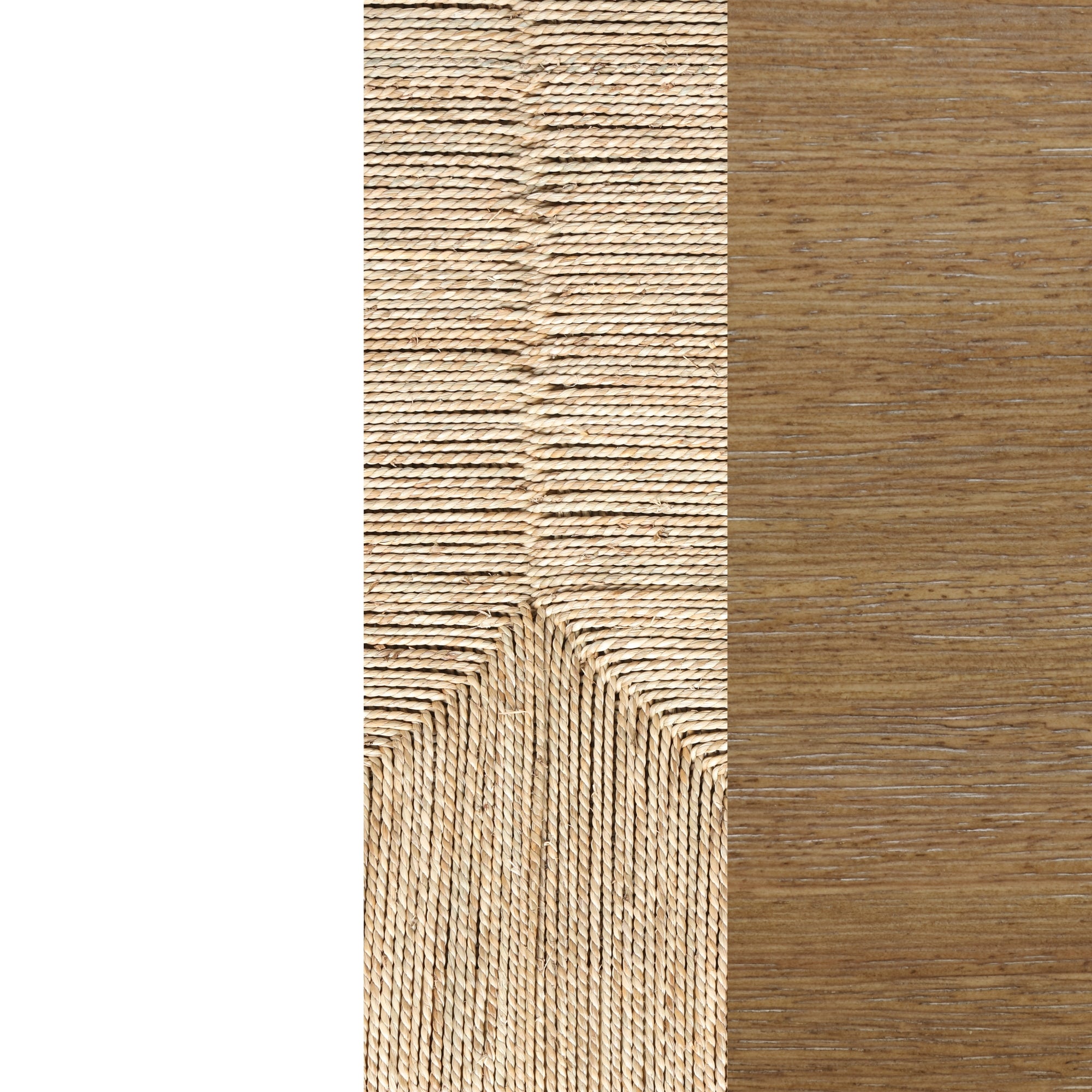 A close-up view of a woven, light-colored rope pattern next to a smooth, brown wooden surface, both shown vertically with the rope forming a triangular edge.