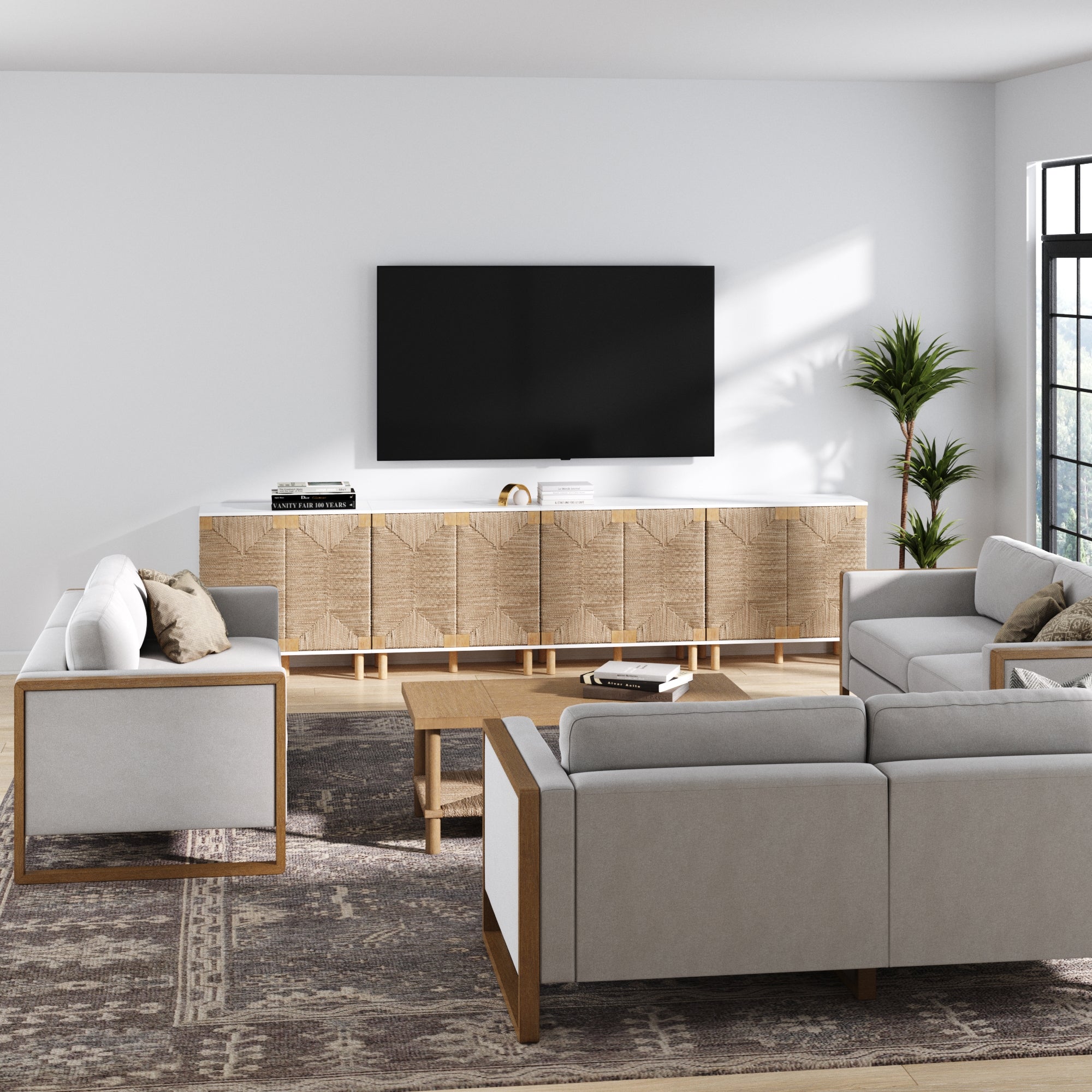 Wood TV Console for TVs 85" with Seagrass Doors White - Nathan James