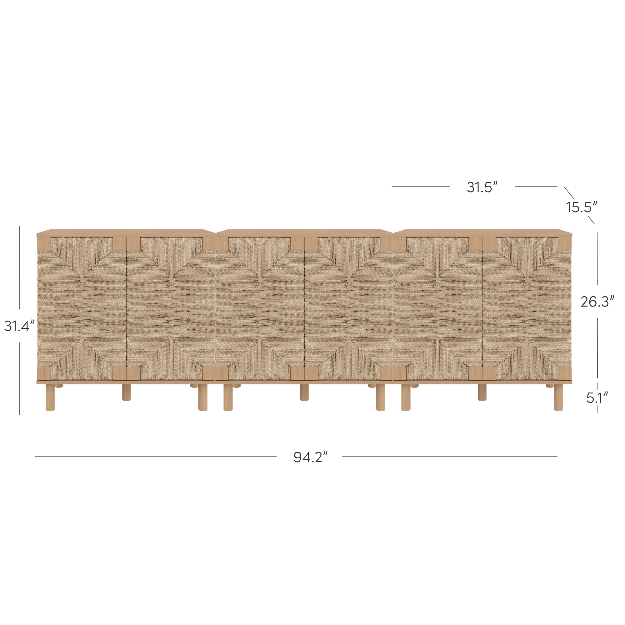 A wooden sideboard with textured front panels, six legs, and multiple compartments. Dimensions are marked: 94.2 wide, 31.4 tall, 31.5 and 15.5 depth sections, 26.3 door height, and 5.1 leg height.