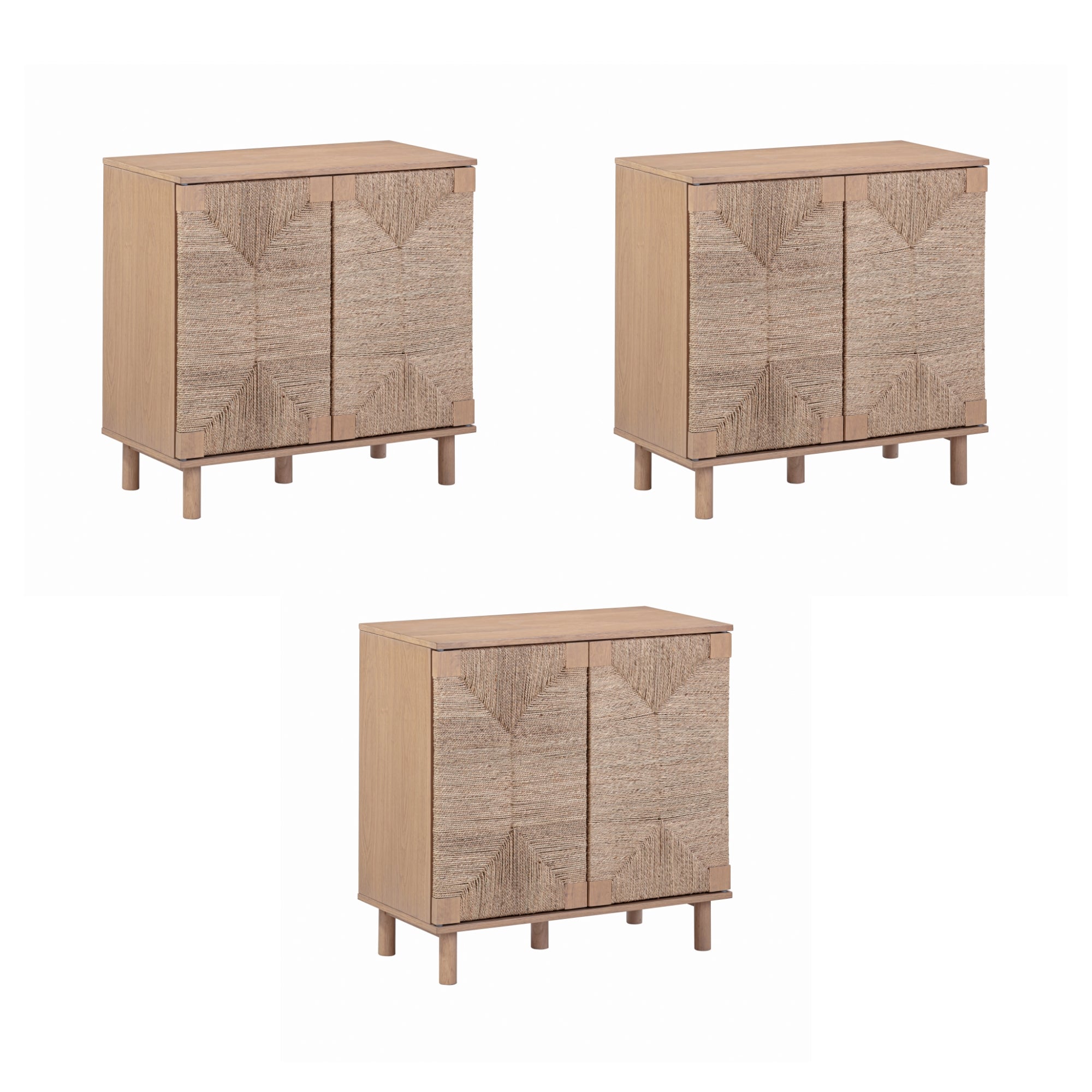Three identical wooden cabinets with textured, woven front panels are displayed on a plain white background. Each cabinet has two doors and stands on four short legs.