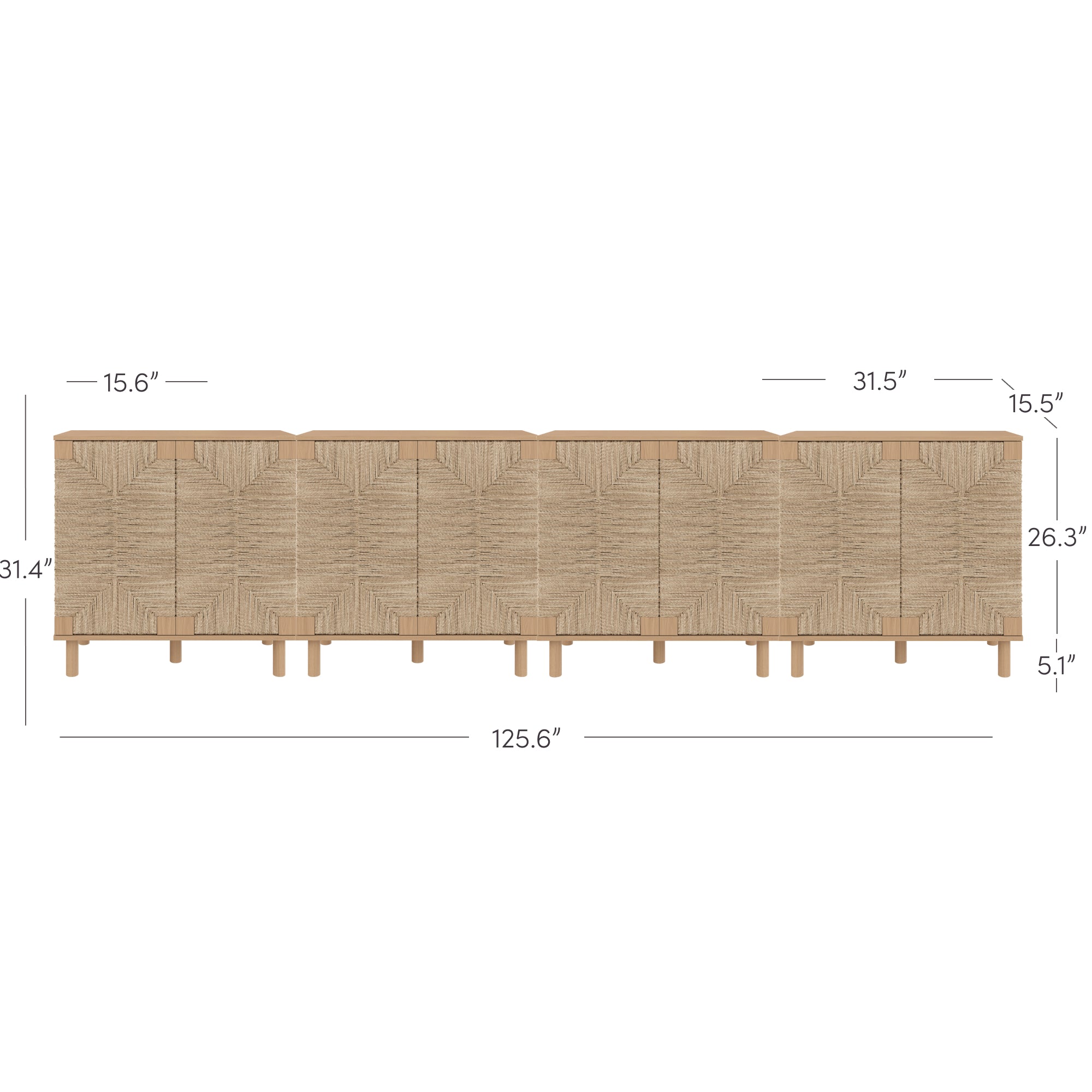 A rectangular wooden credenza with textured doors and short legs, shown with dimensions: 125.6 wide, 31.4 high, 15.6 and 31.5 depth segments, 26.3 door height, and 5.1 leg height.