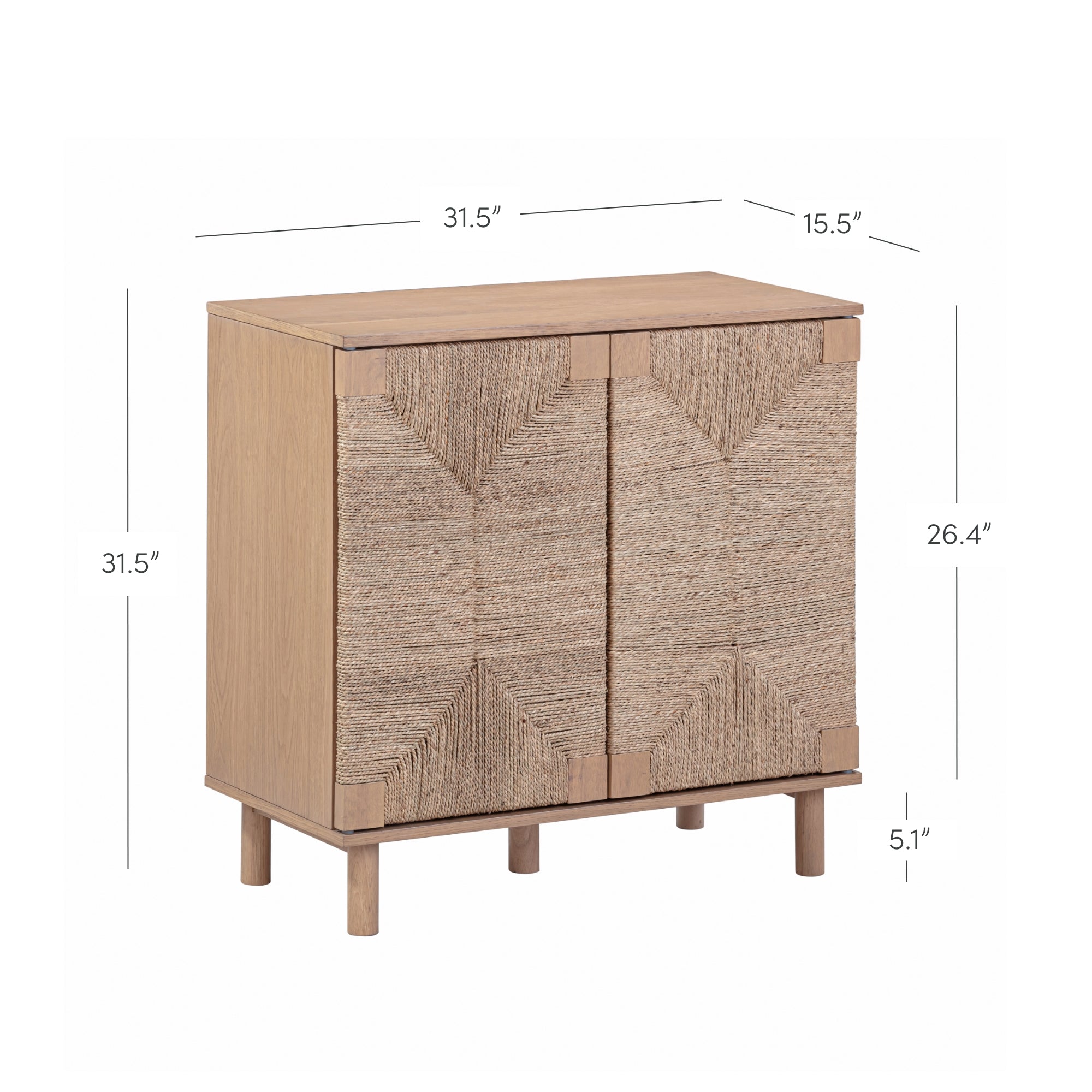 A wooden cabinet with woven textured doors, four legs, and dimensions labeled: 31.5 wide, 15.5 deep, 31.5 tall, with the doors measuring 26.4 tall and legs 5.1 high.