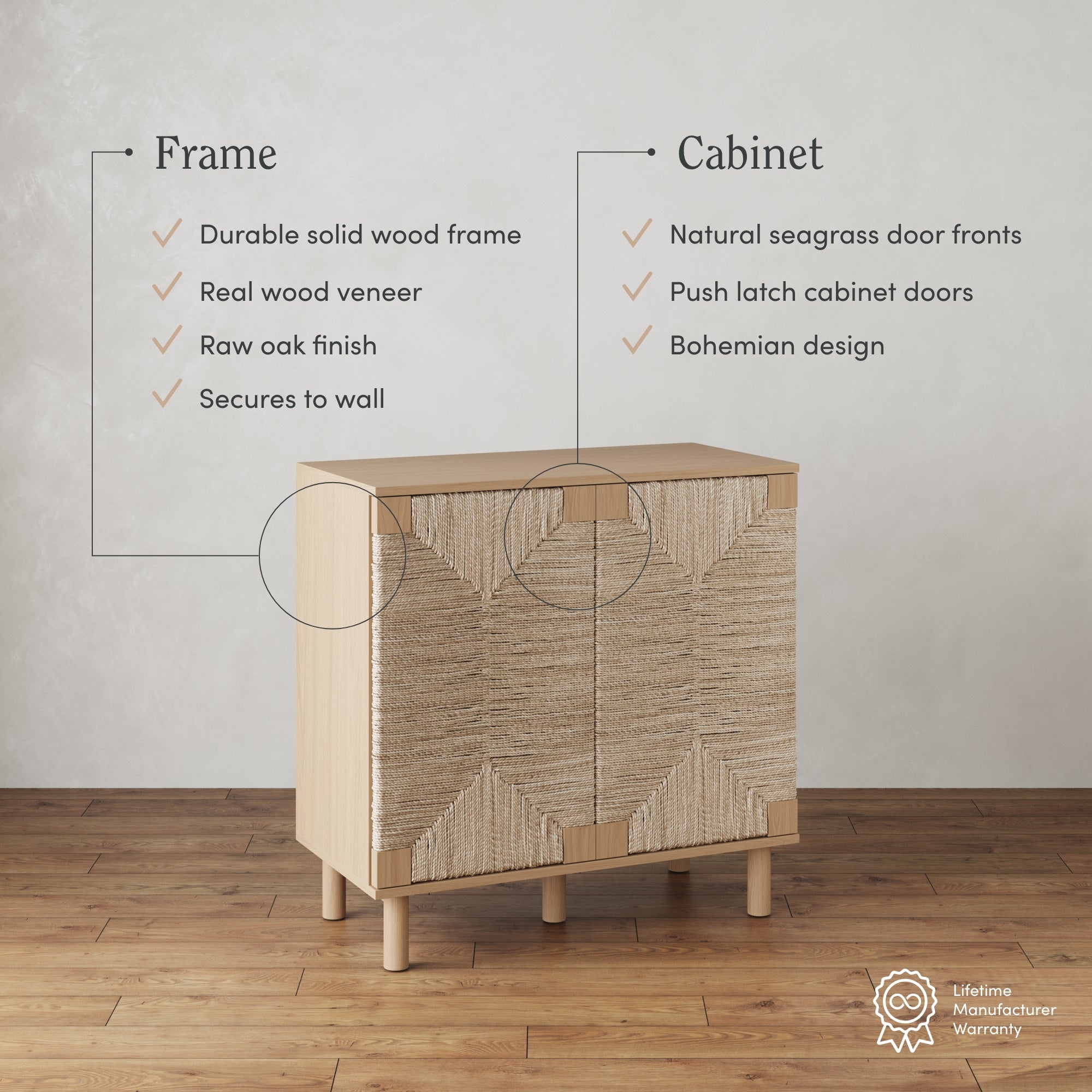 A small wooden cabinet with natural seagrass doors stands on a wood floor. Text describes its frame: solid wood, wood veneer, raw oak finish, wall-secured; and its cabinet: seagrass doors, push latch, Bohemian design.