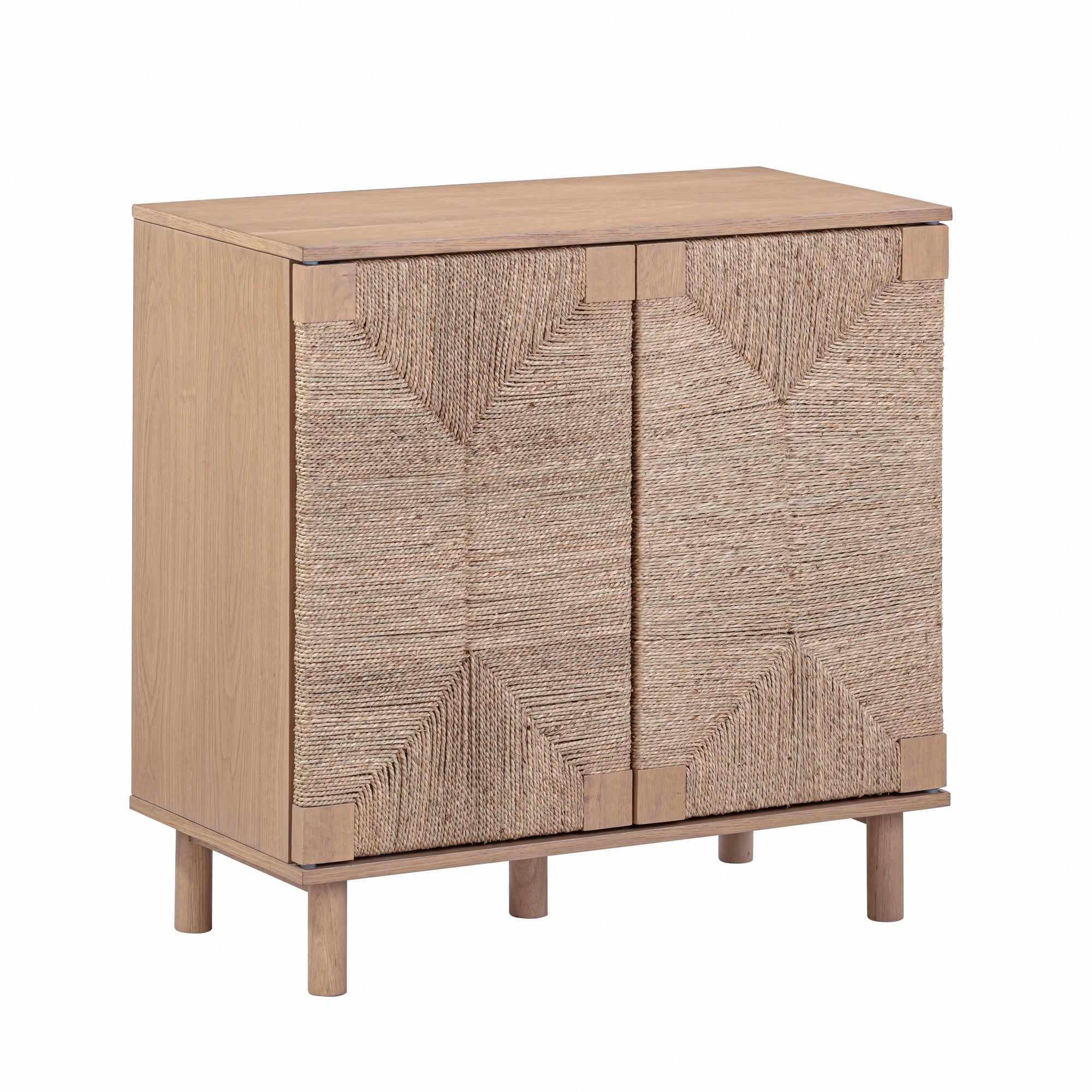 A wooden cabinet with two textured, woven doors featuring a geometric pattern, sitting on four short legs. The cabinet has a natural wood finish and a minimalist, modern design.