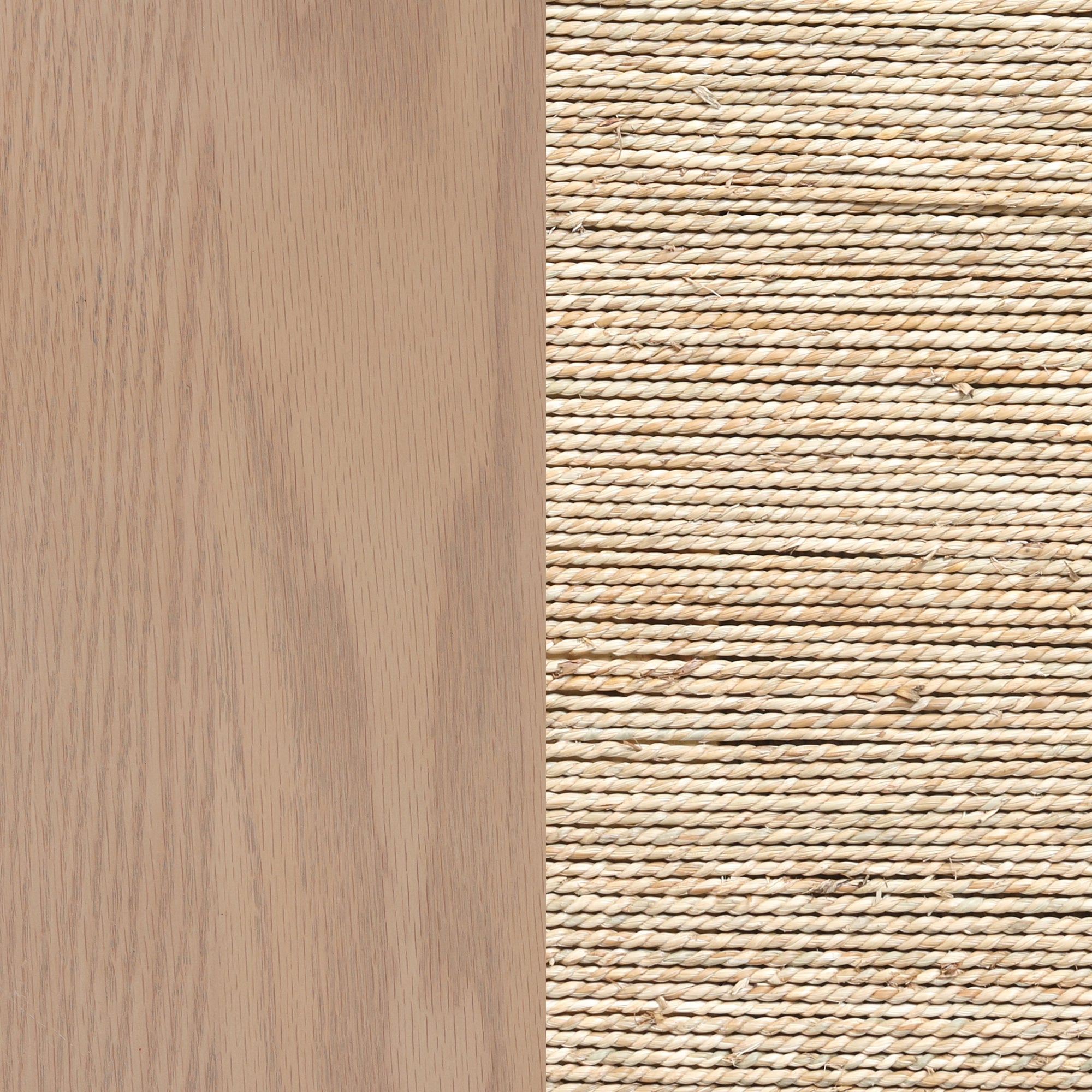 A close-up view of two textures side by side: light wood grain on the left and tightly woven natural fiber rug on the right.