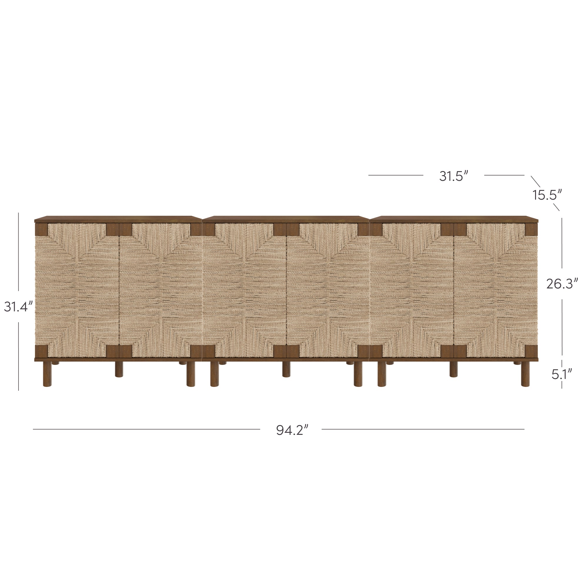 A wooden sideboard with a woven front pattern, featuring four cabinet sections. Dimensions are shown: 94.2 wide, 31.4 high, 15.5 deep, with legs 5.1 tall and cabinet sections 26.3 high.