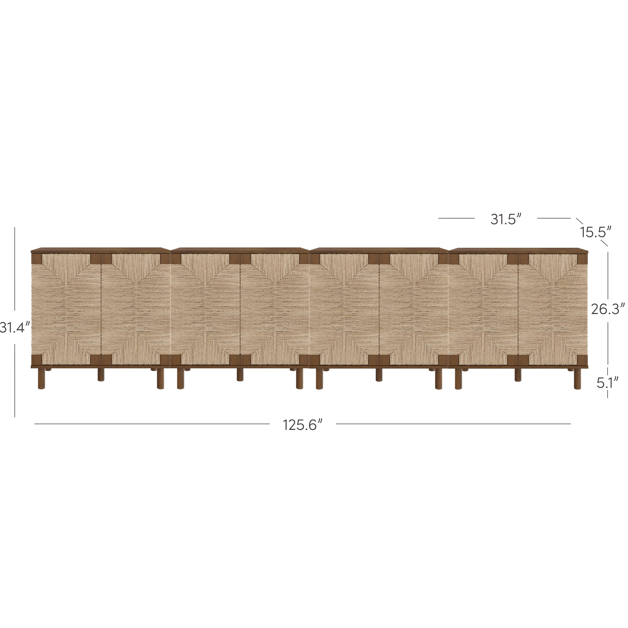 Front view of a long sideboard with a geometric woven pattern, wood accents, and dimensions labeled: 125.6 wide, 31.4 high, 26.3 cabinet height, 15.5 depth, and 5.1 leg height.