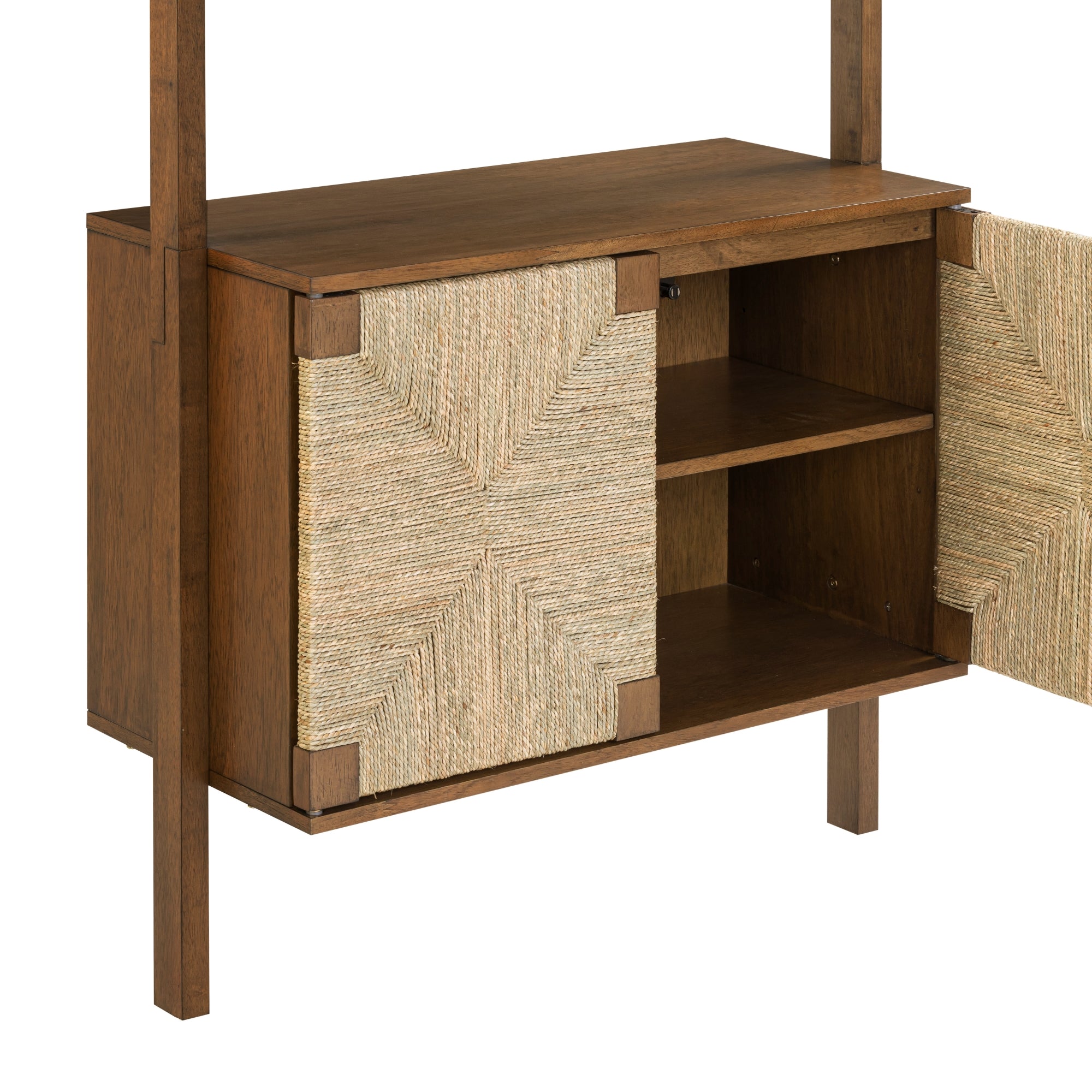 A wooden cabinet with two textured woven doors, one door open to reveal two interior shelves, supported by four vertical wooden legs.