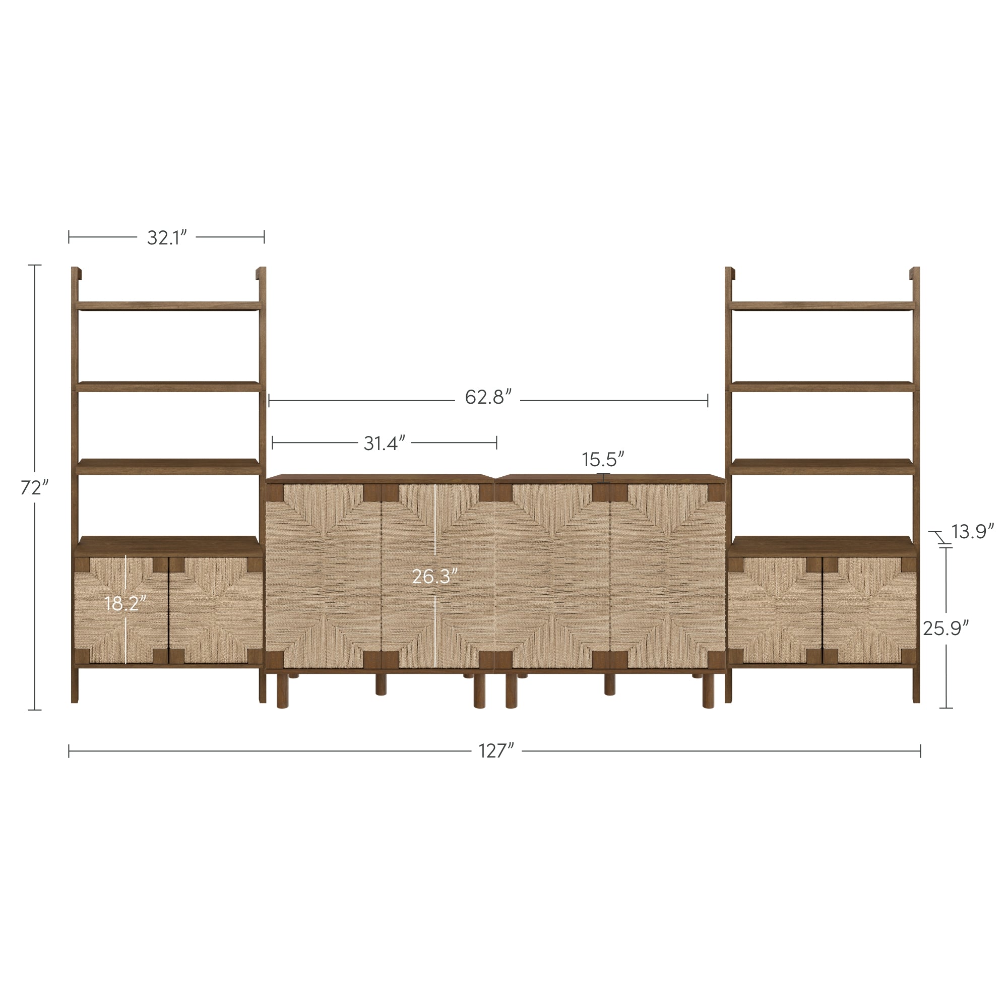 Wide shelving unit with two ladder-style shelving towers on each side, four closed storage cabinets with textured doors in the center, and various dimensions labeled in inches for height, width, and depth.