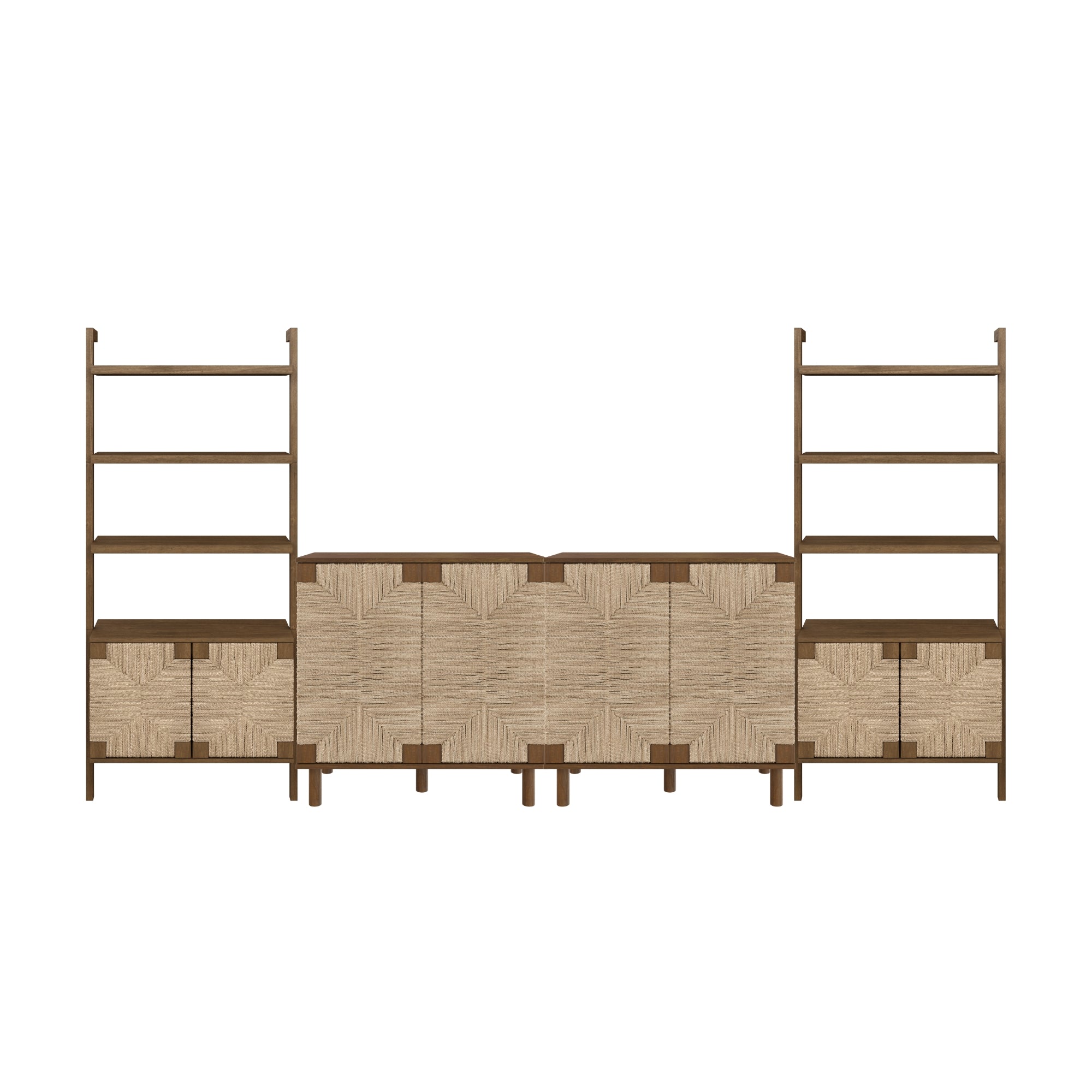 A large modular shelving unit with two tall open shelves on either side and a central section featuring four woven-patterned cabinet doors and additional storage below. The unit is made of wood in natural and brown tones.