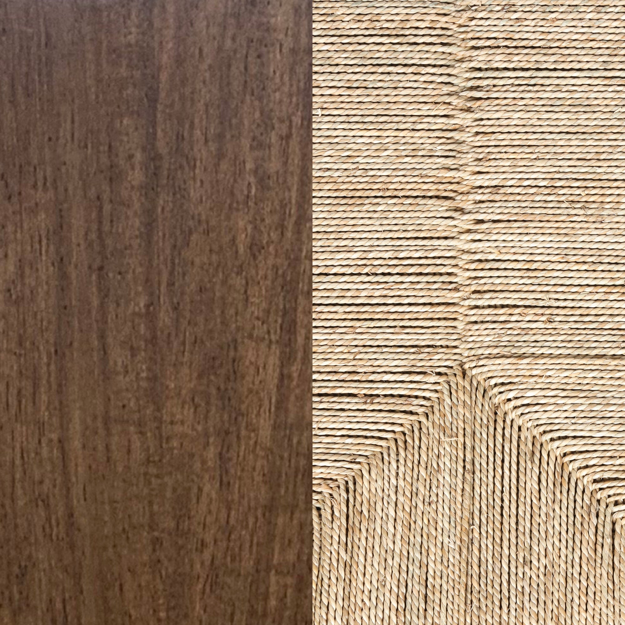 A close-up of two textures side by side: on the left, dark brown wood with a smooth grain; on the right, woven beige rope forming a geometric, zigzag pattern.